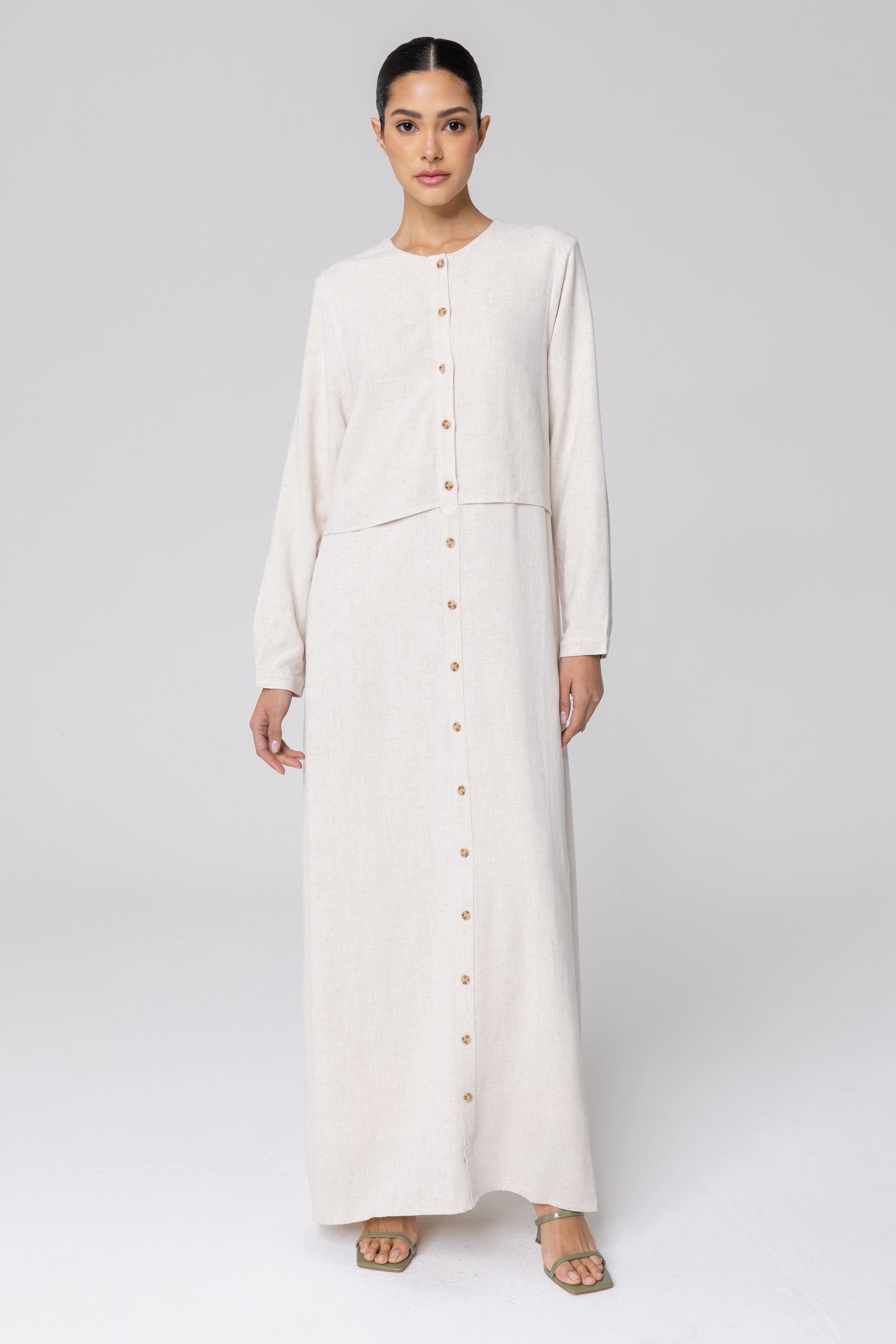 Sabah Cotton Linen Overlay Maxi Shirt Dress - Off White (Soft Grey) Veiled 