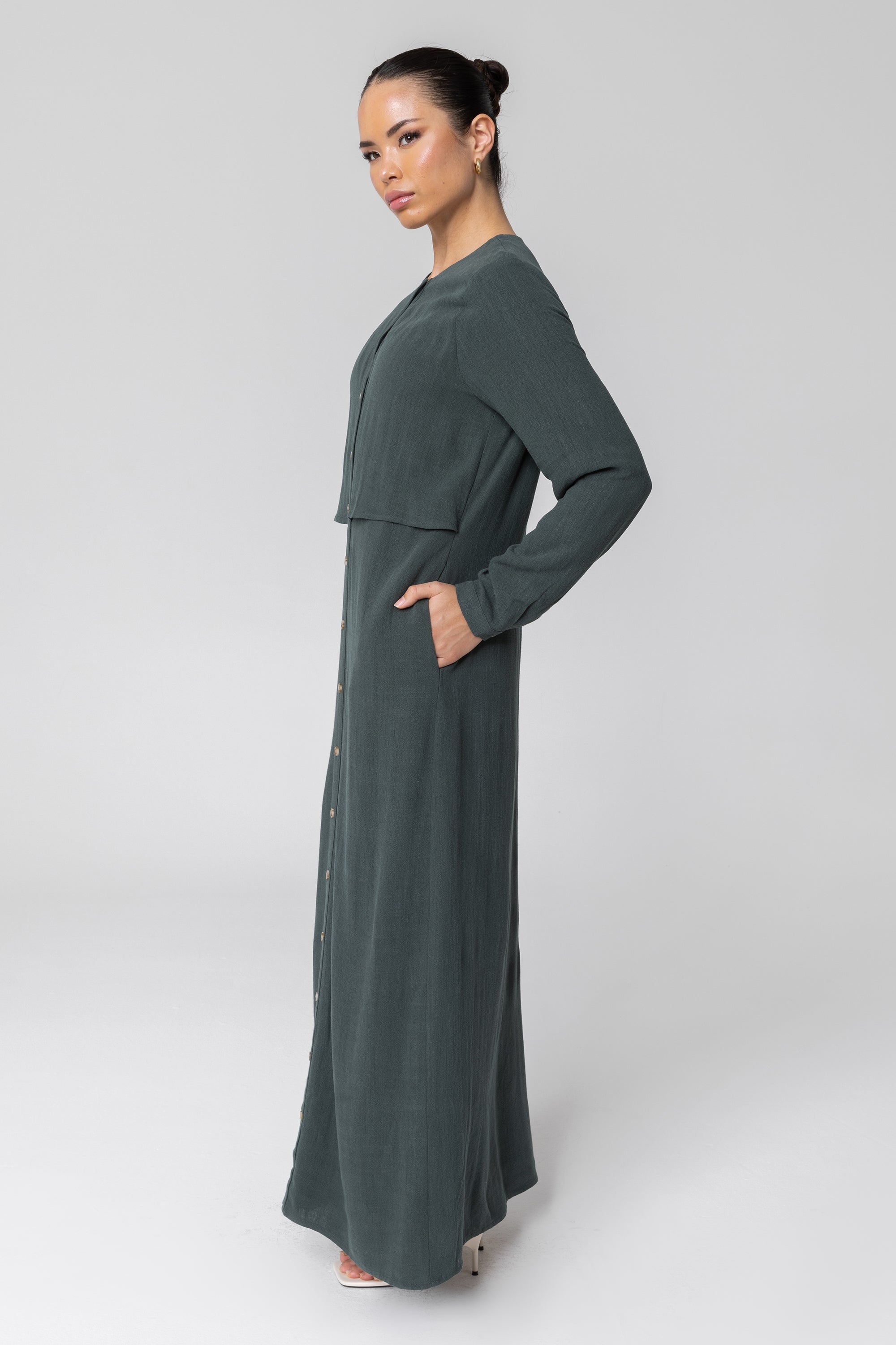 Sabah Cotton Linen Overlay Maxi Shirt Dress - Teal Veiled 