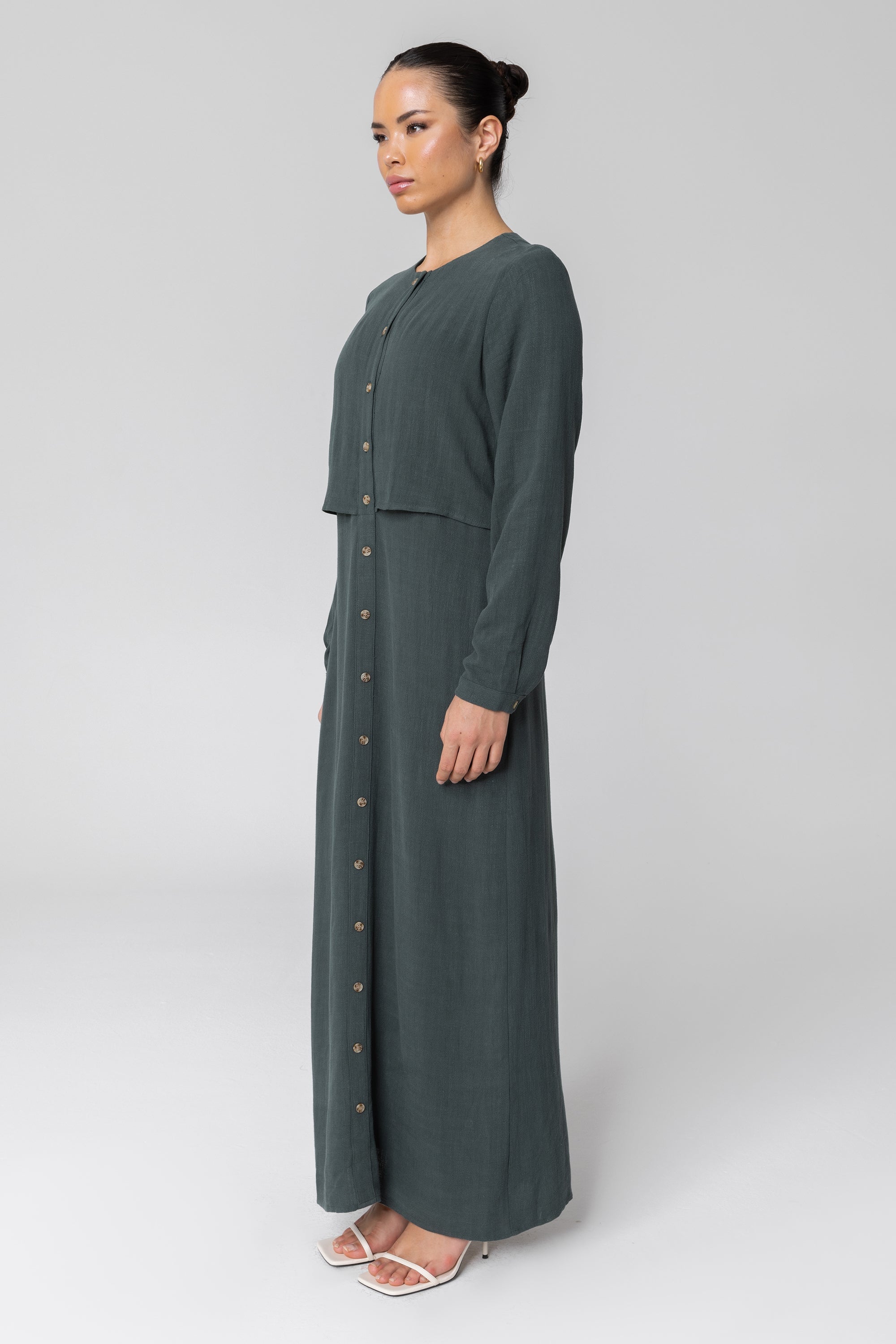 Sabah Cotton Linen Overlay Maxi Shirt Dress - Teal Veiled 