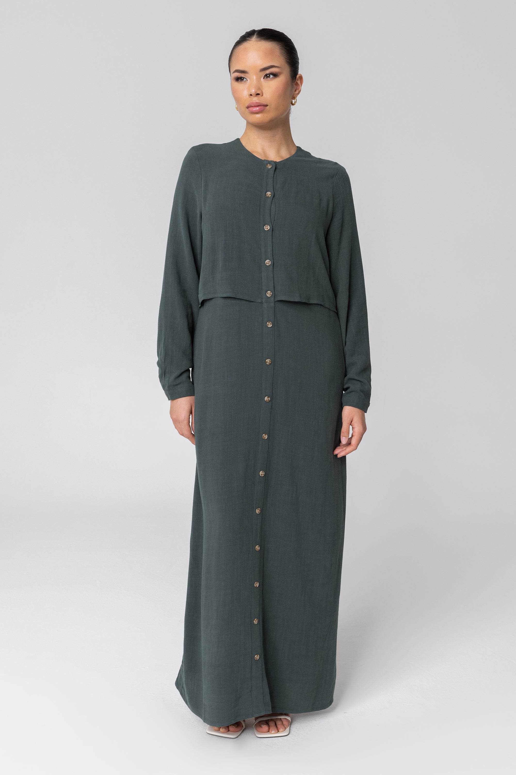 Sabah Cotton Linen Overlay Maxi Shirt Dress - Teal Veiled 