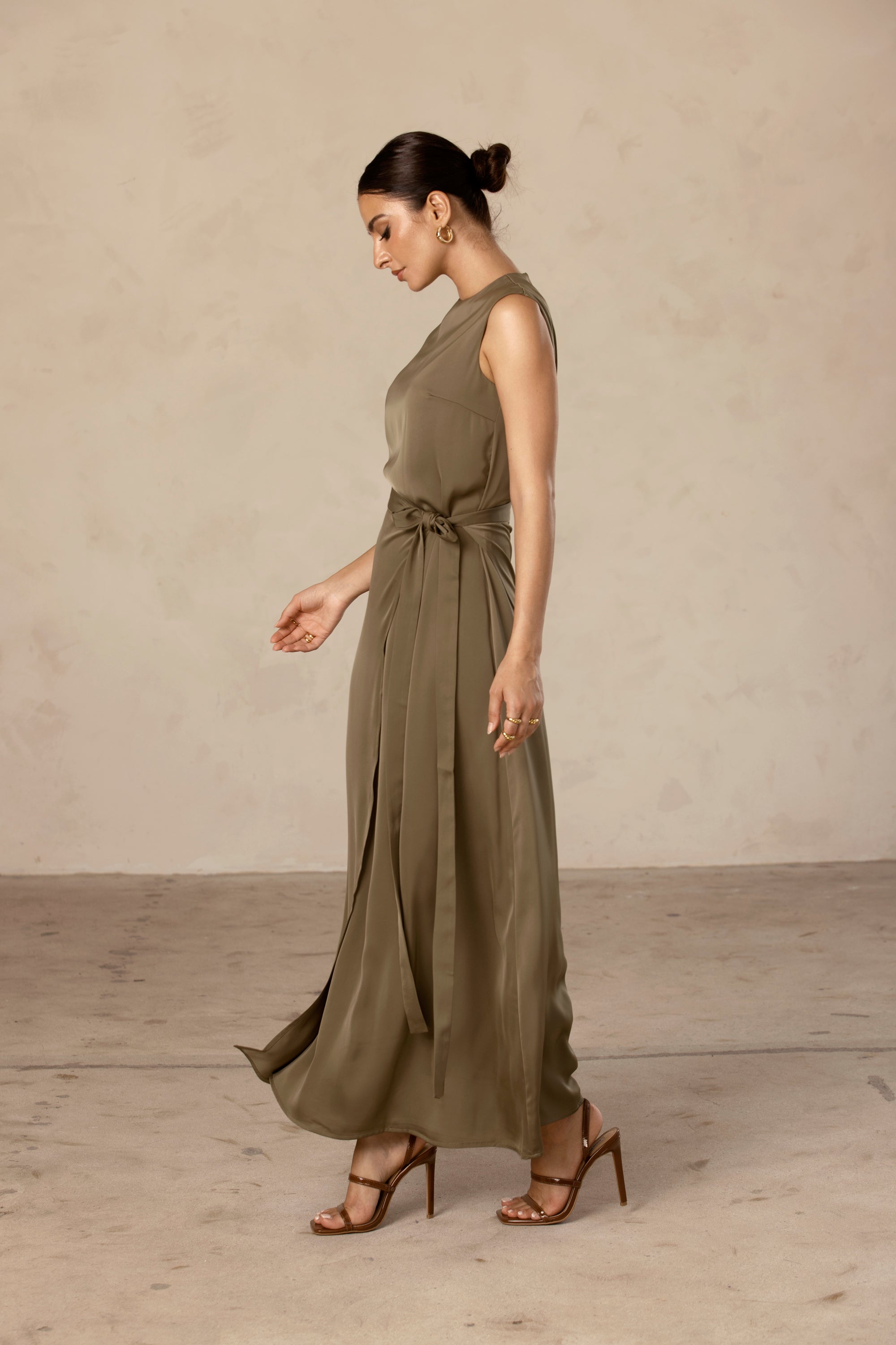 Sadia Sleeveless Maxi Dress & Skirt Set - Olive Oil Veiled Collection 