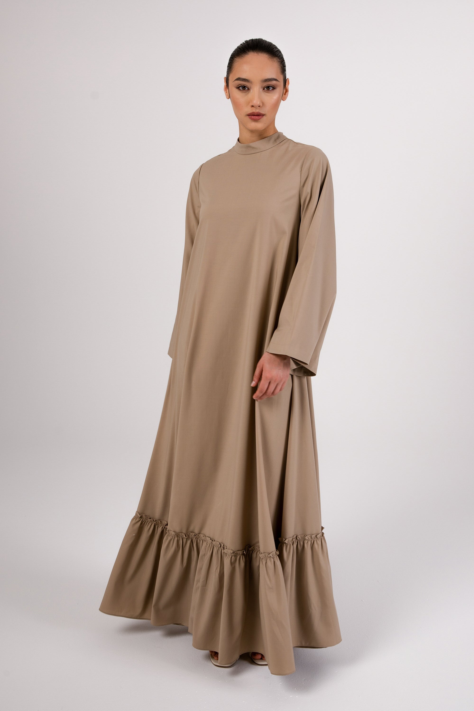 Safira Ruffle Hem Maxi Dress - Khaki Veiled 