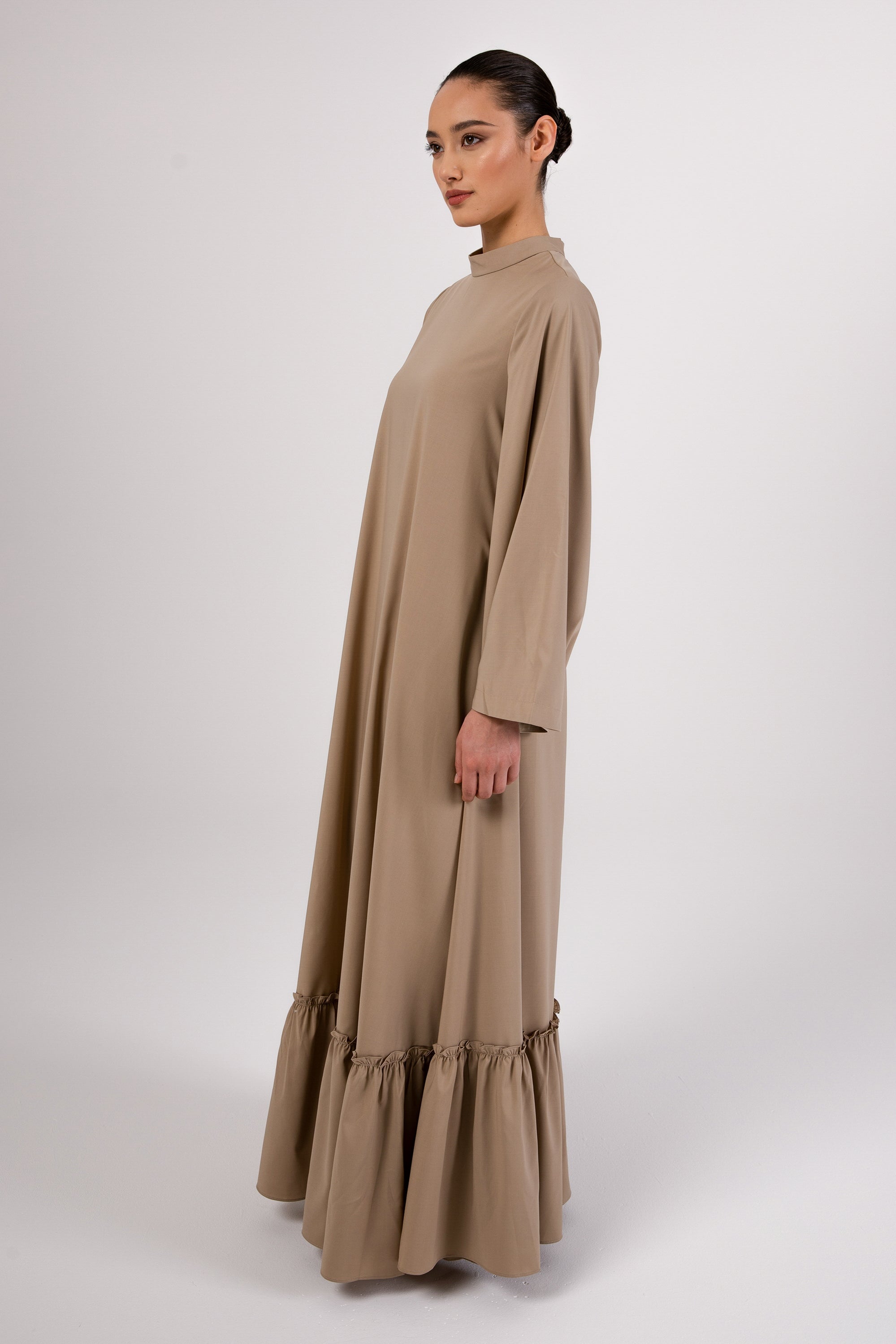 Safira Ruffle Hem Maxi Dress - Khaki Veiled 