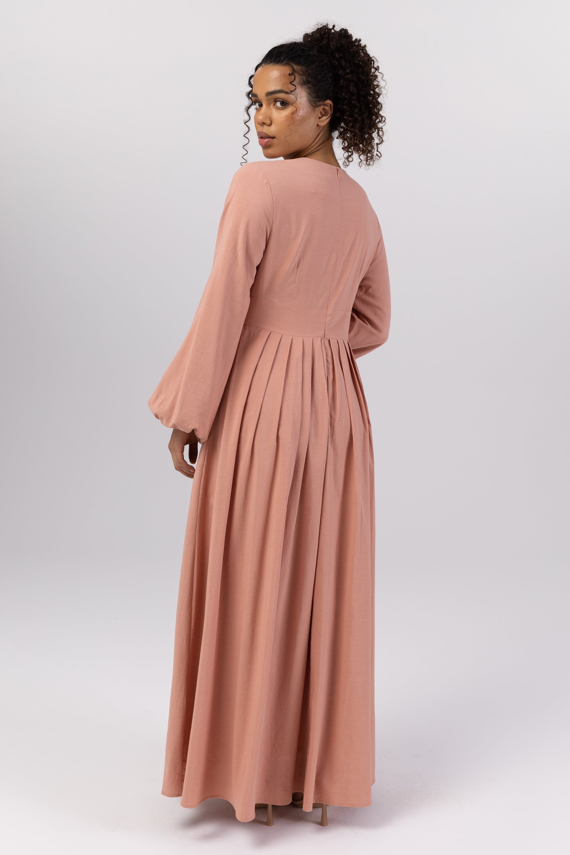 Salwa (Salma) Pleated Maxi Dress - Pink Peach (Burgundy) Veiled Collection 