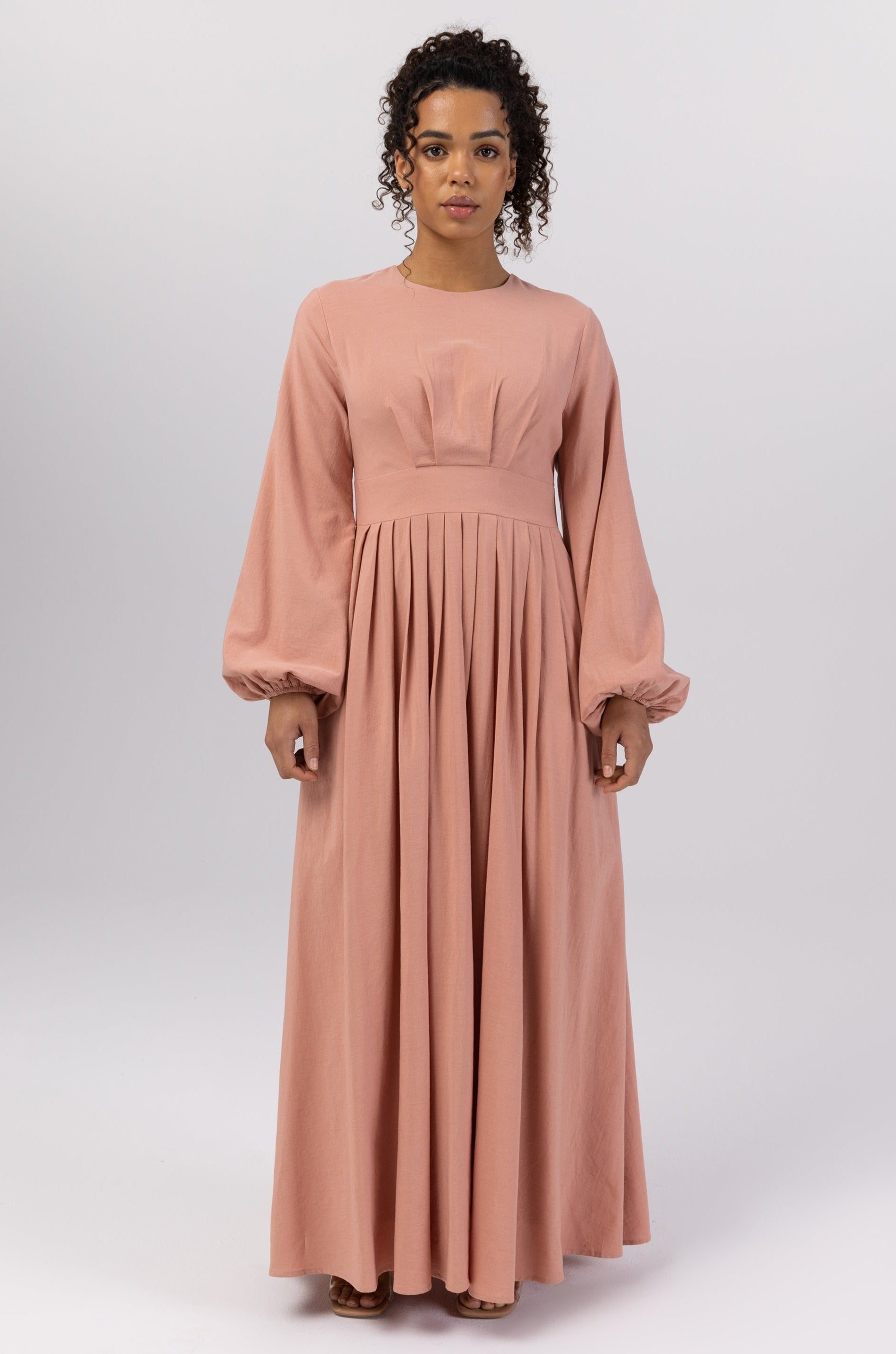 Salwa (Salma) Pleated Maxi Dress - Pink Peach (Burgundy) Veiled Collection 