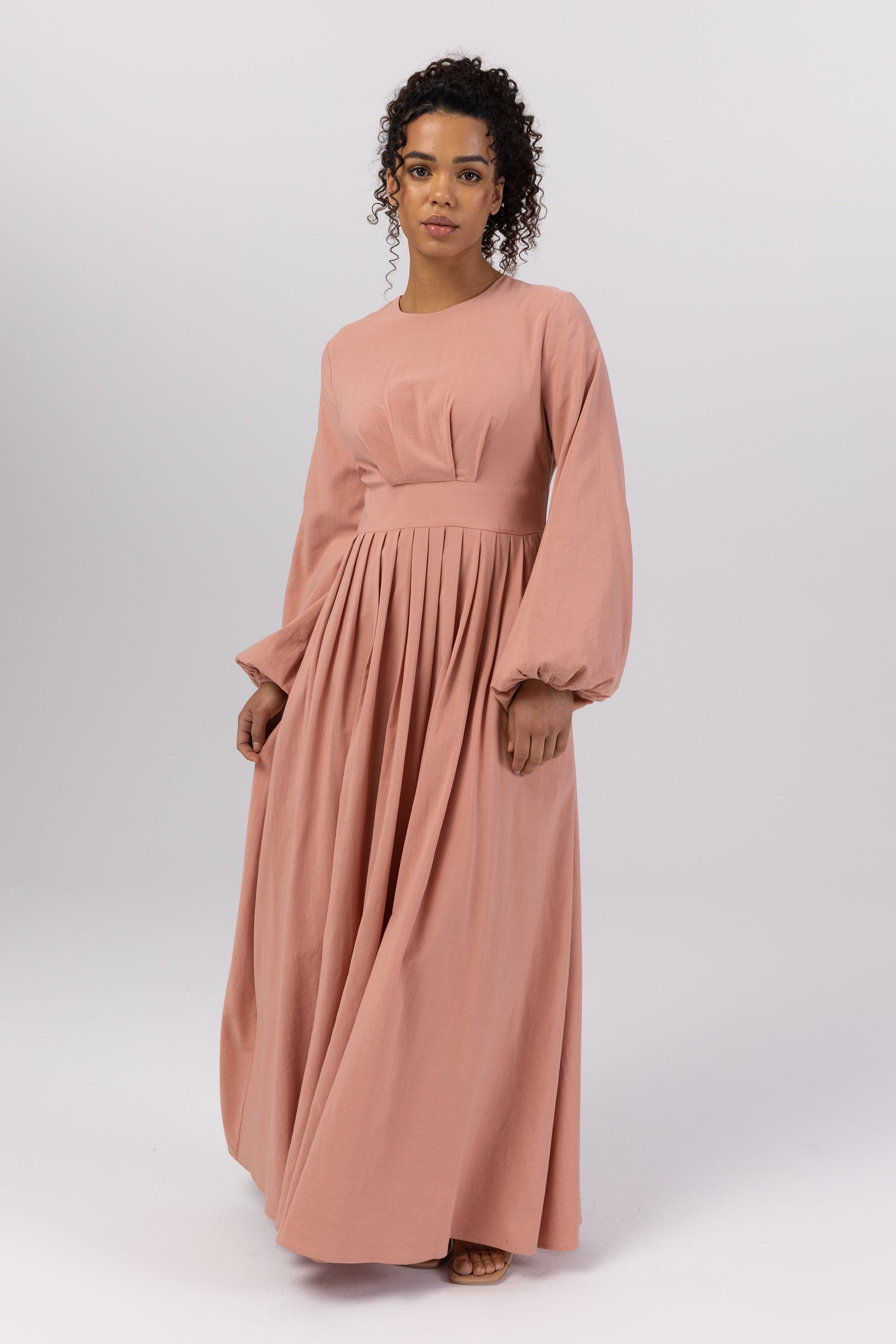 Salwa (Salma) Pleated Maxi Dress - Pink Peach (Burgundy) Veiled Collection 