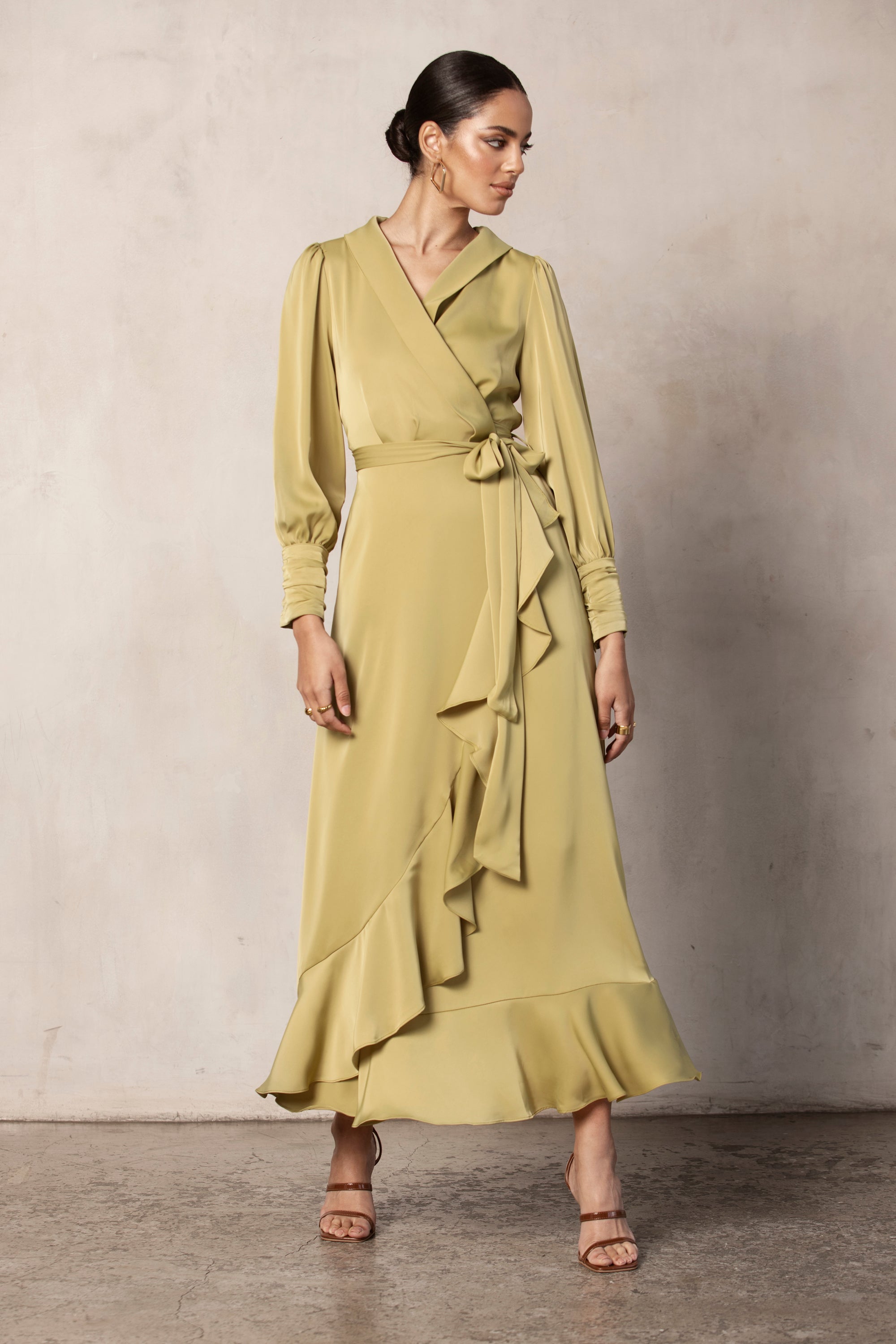 Shereen Wrap Front Satin Maxi Dress - Cypress Green Veiled Collection 