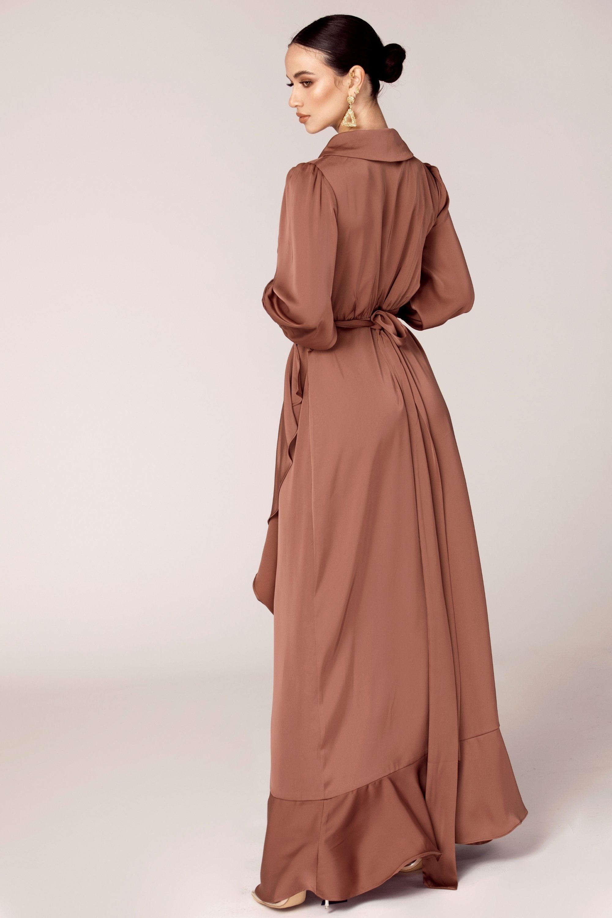 Shereen Wrap Front Satin Maxi Dress - Pecan Veiled Collection 