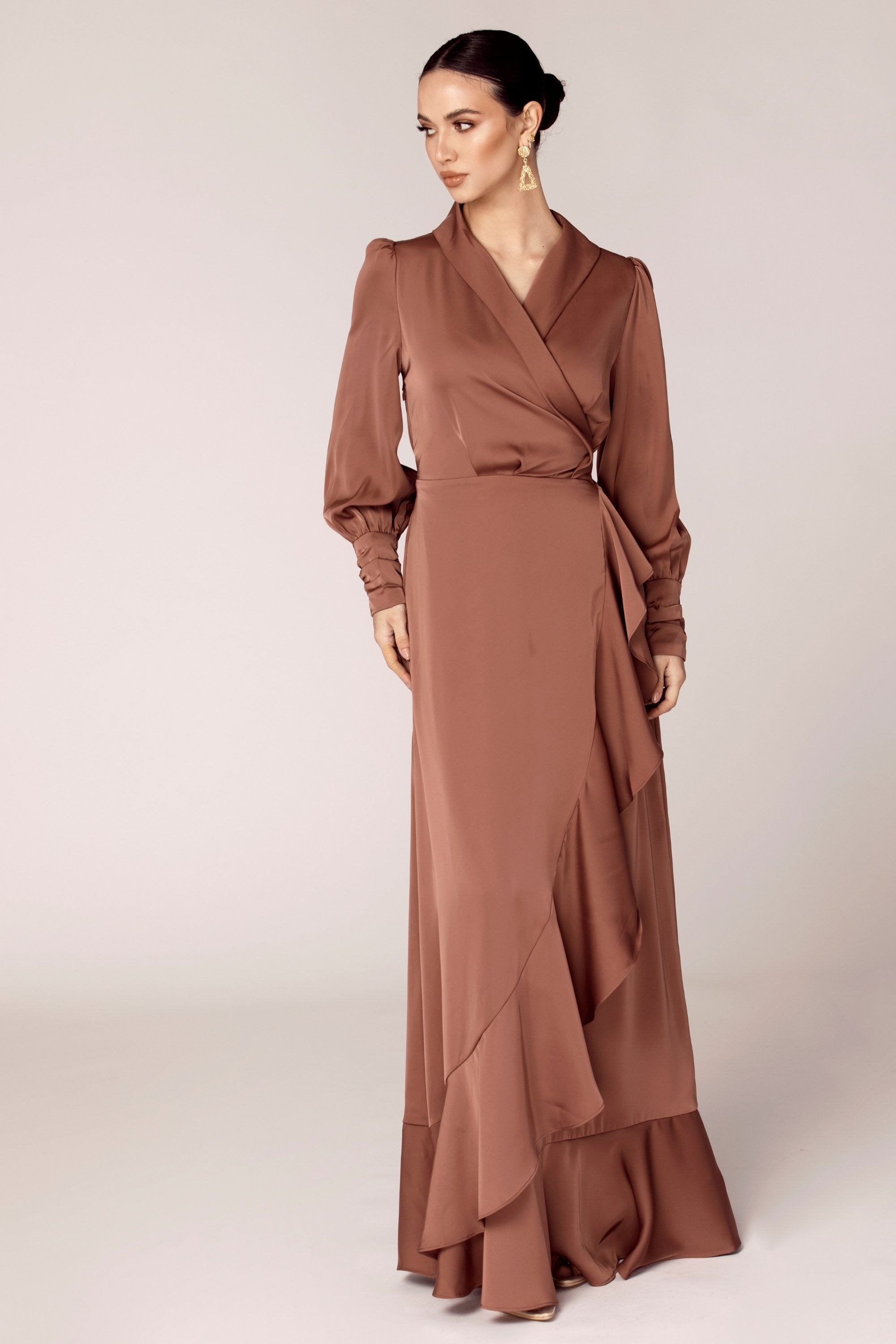 Shereen Wrap Front Satin Maxi Dress - Pecan Veiled Collection 