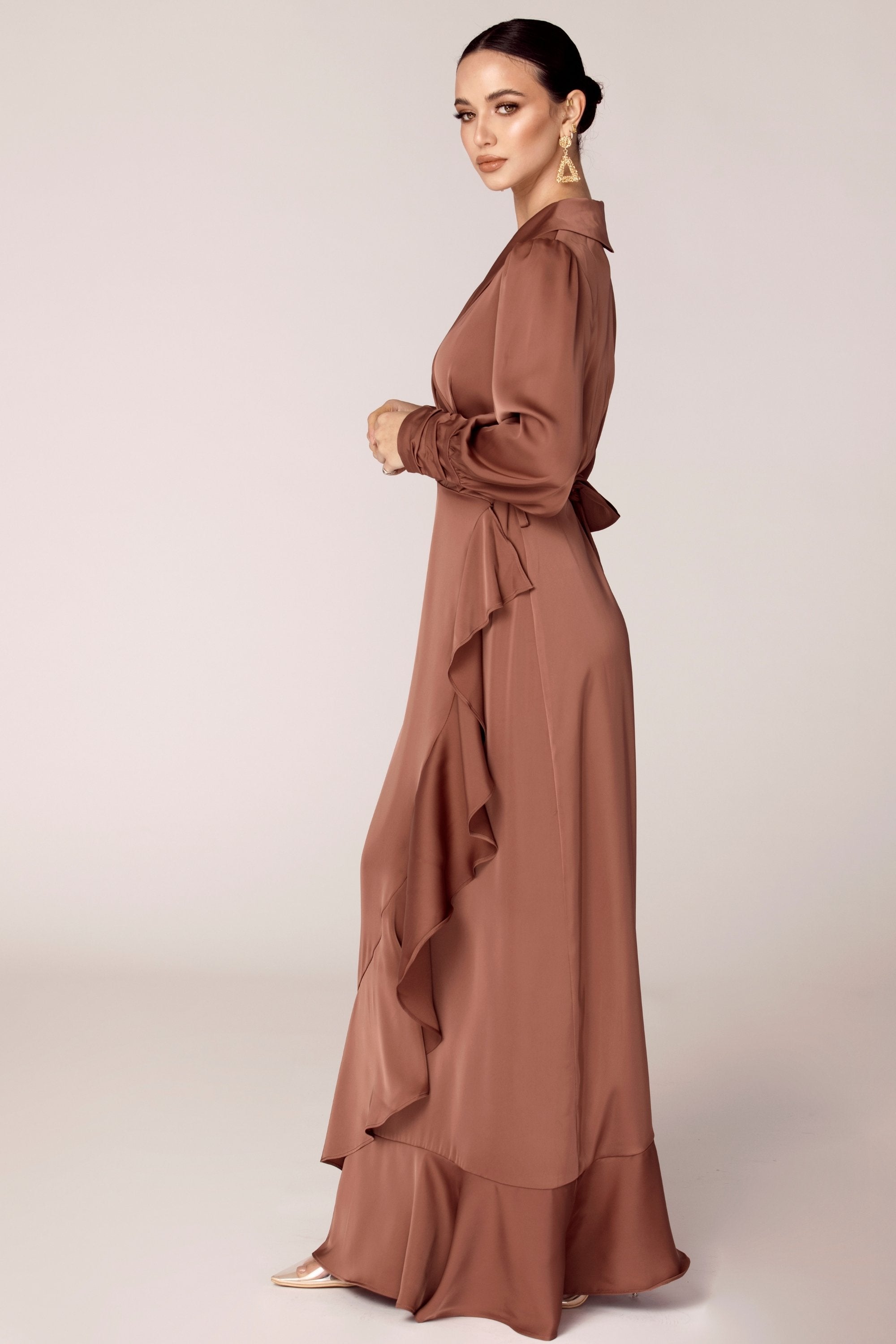 Shereen Wrap Front Satin Maxi Dress - Pecan Veiled Collection 