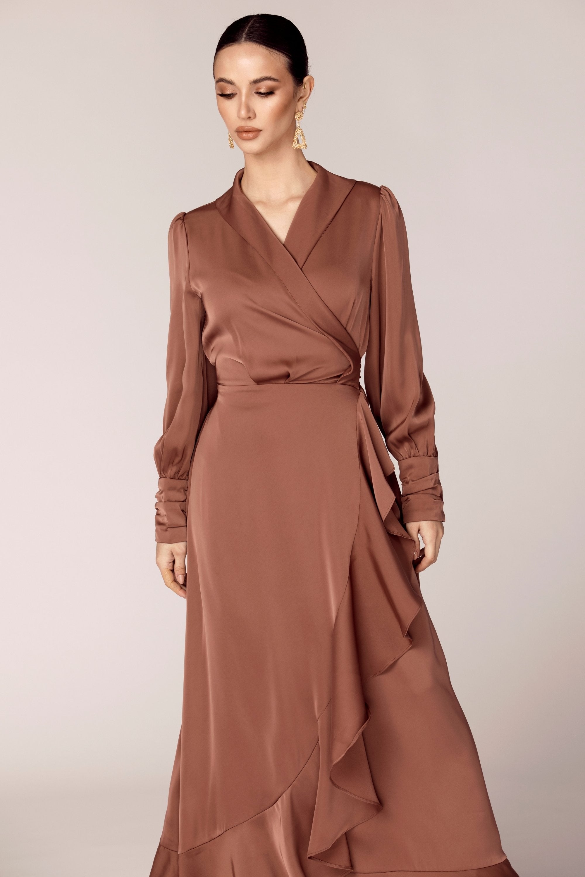 Shereen Wrap Front Satin Maxi Dress - Pecan Veiled Collection 