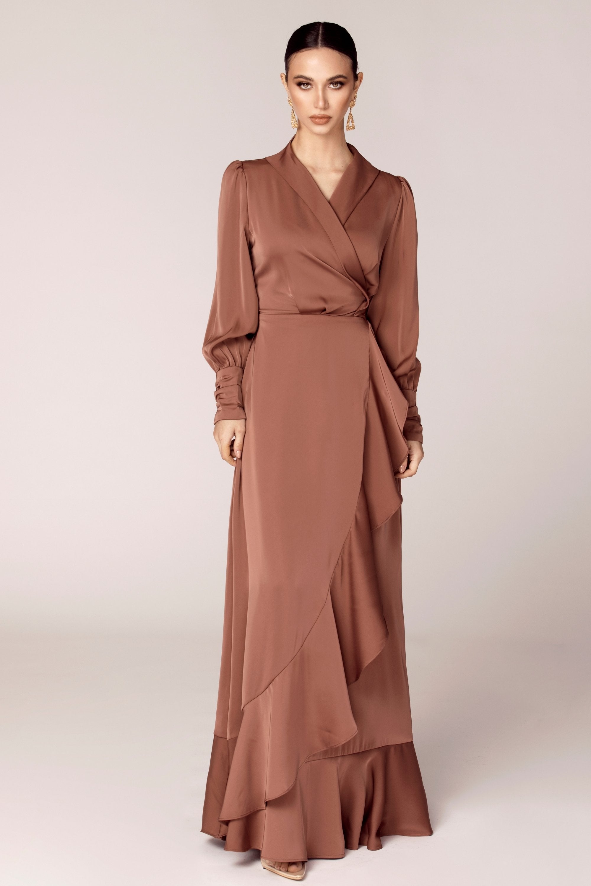 Shereen Wrap Front Satin Maxi Dress - Pecan Veiled Collection 