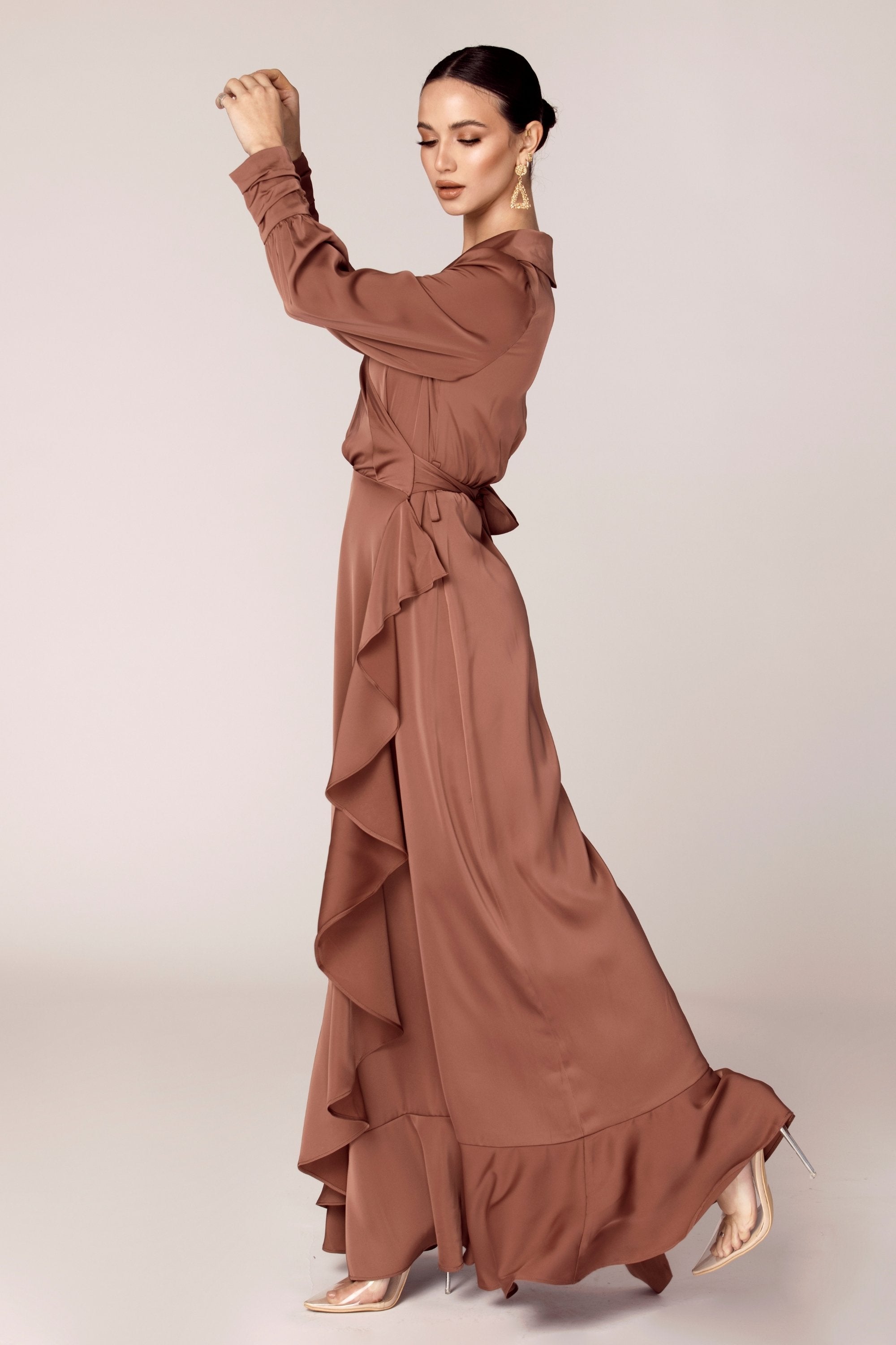 Shereen Wrap Front Satin Maxi Dress - Pecan Veiled Collection 