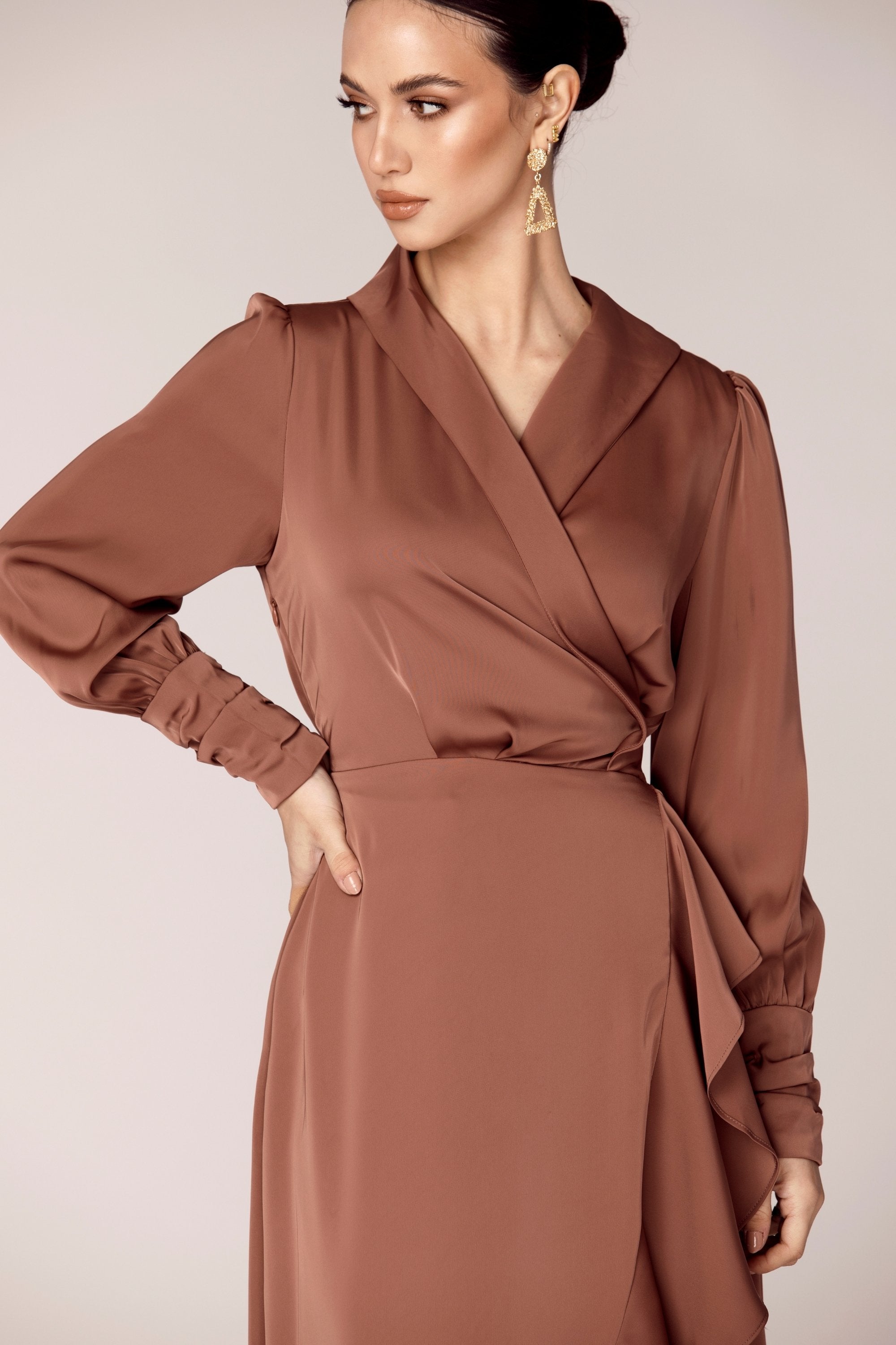 Shereen Wrap Front Satin Maxi Dress - Pecan Veiled Collection 