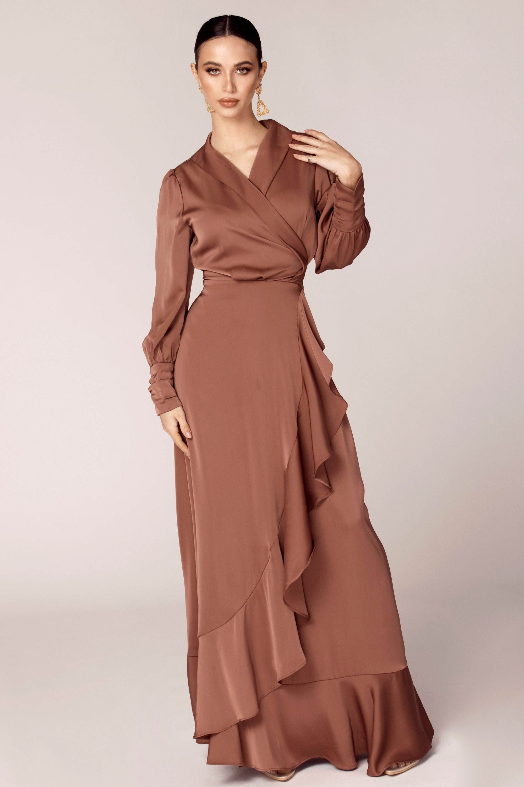 Shereen Wrap Front Satin Maxi Dress - Pecan Veiled Collection 