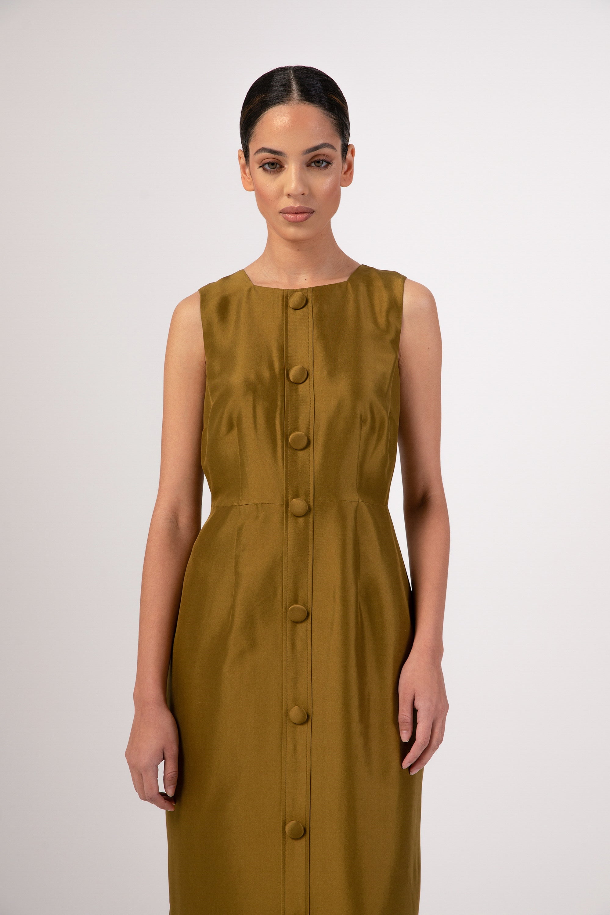 Silk Duppioni Button Front Sleeveless Maxi Dress - Avocado Veiled 