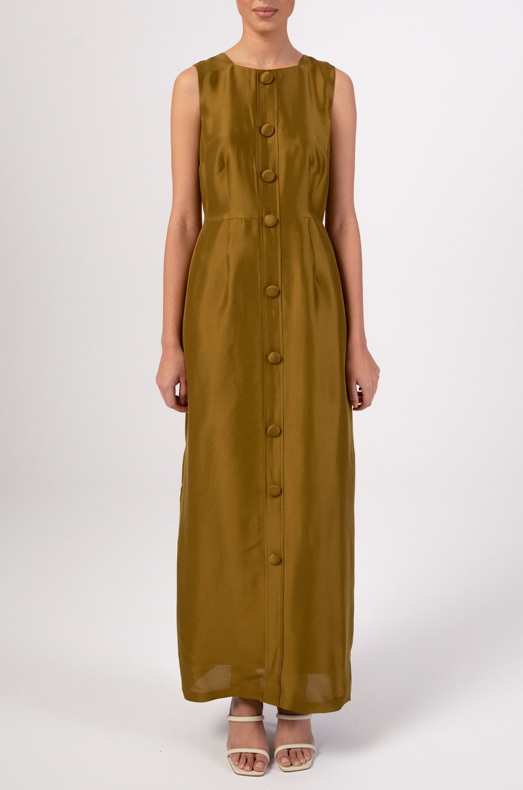 Silk Duppioni Button Front Sleeveless Maxi Dress - Avocado Veiled 