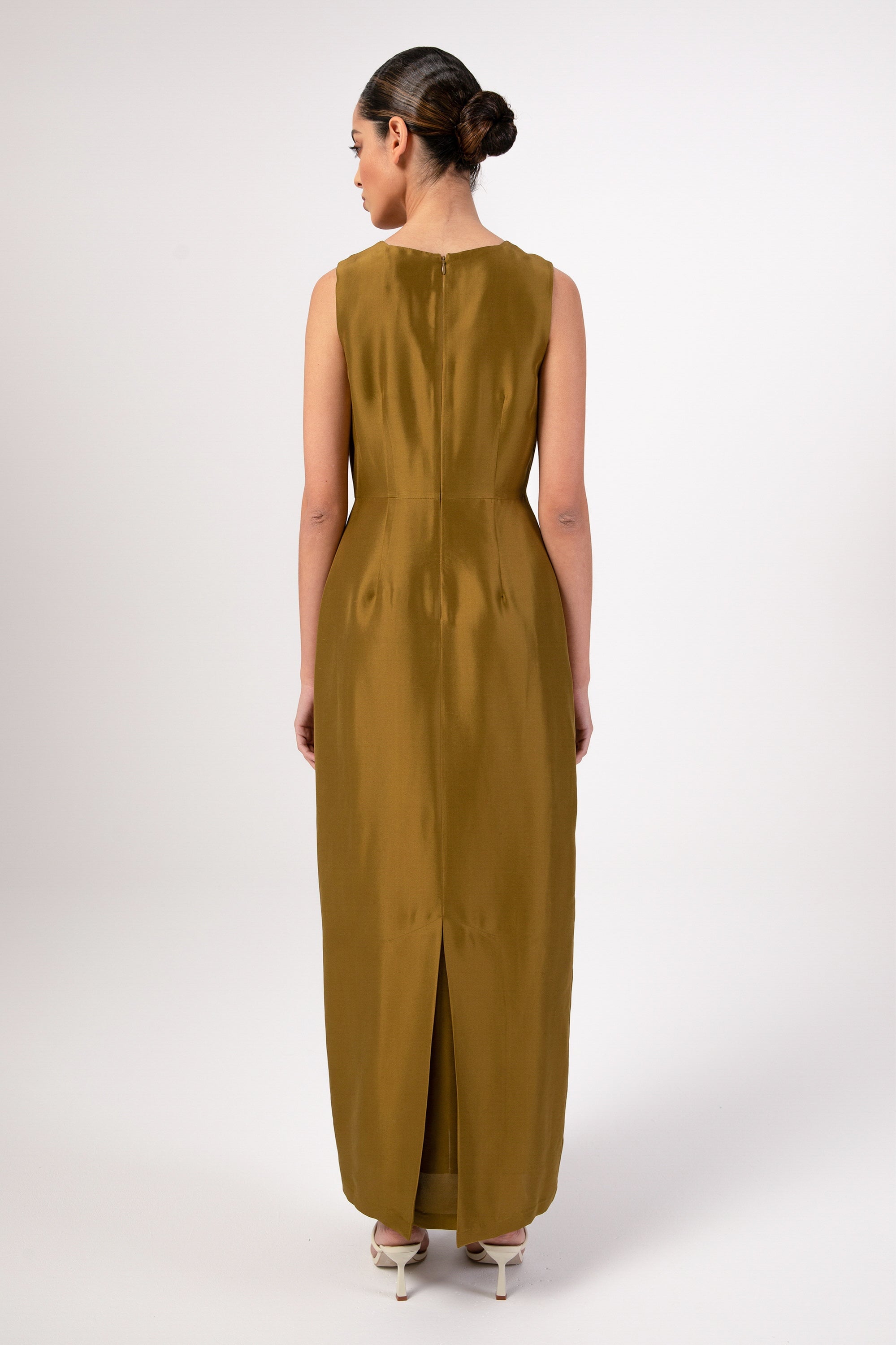 Silk Duppioni Button Front Sleeveless Maxi Dress - Avocado Veiled 