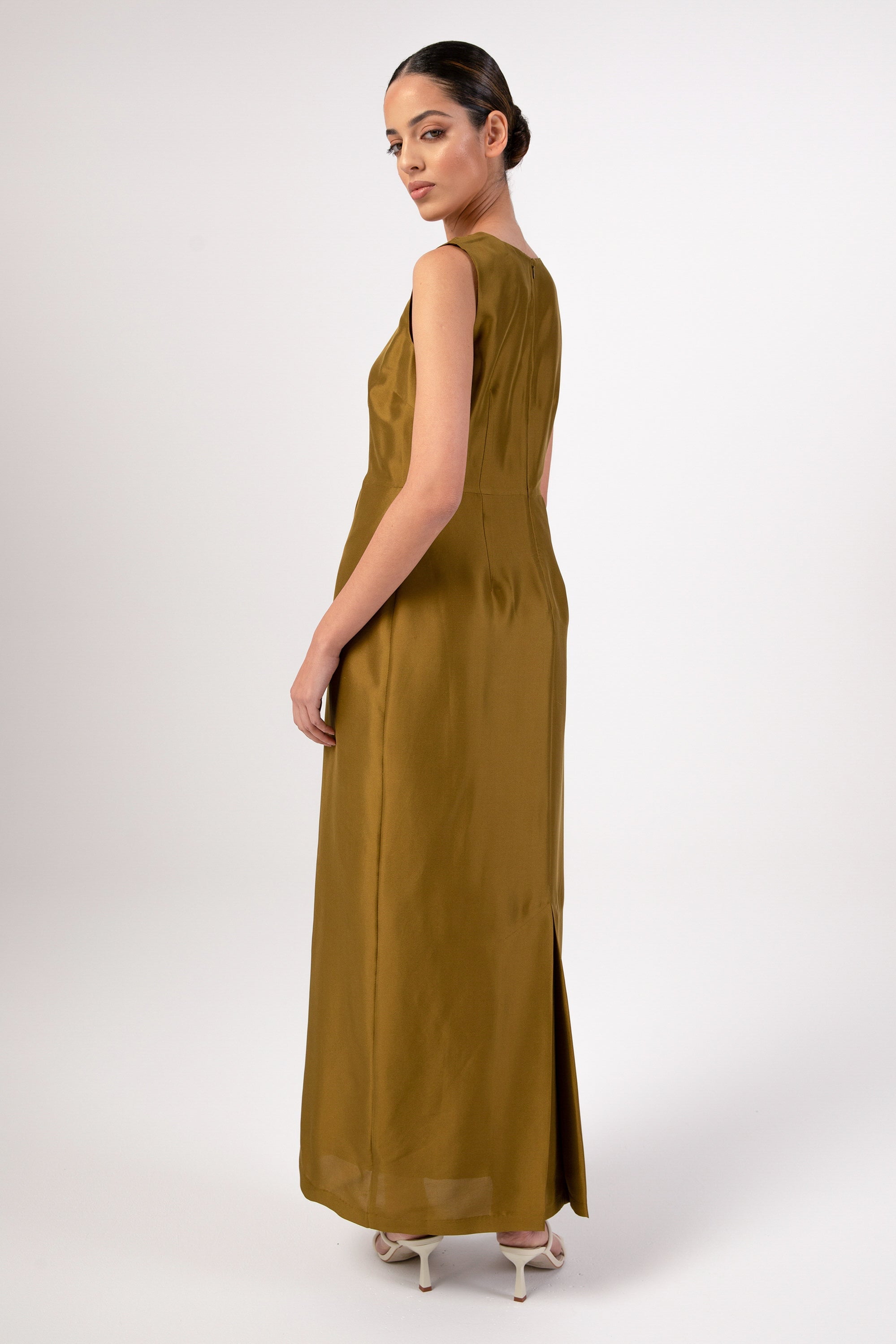 Silk Duppioni Button Front Sleeveless Maxi Dress - Avocado Veiled 