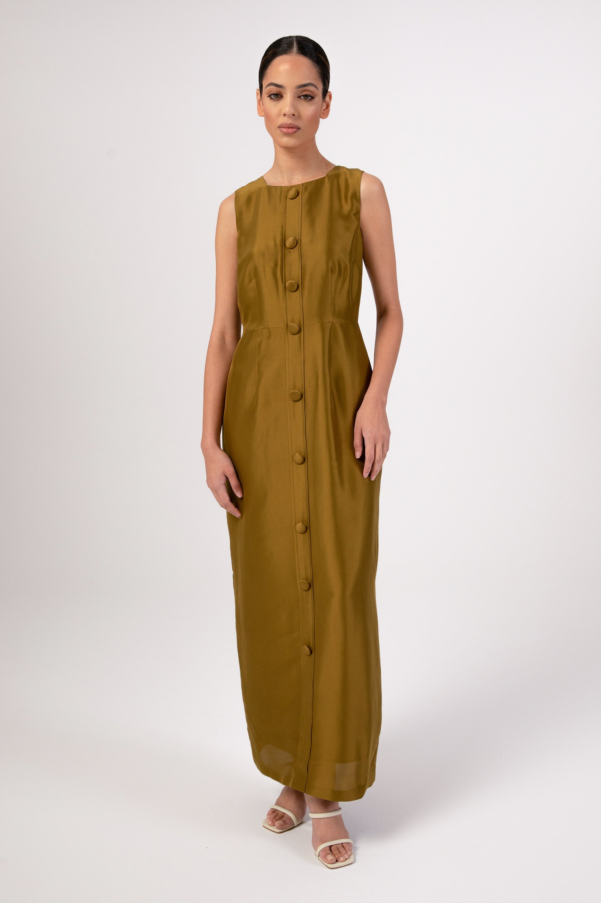 Silk Duppioni Button Front Sleeveless Maxi Dress - Avocado Veiled 