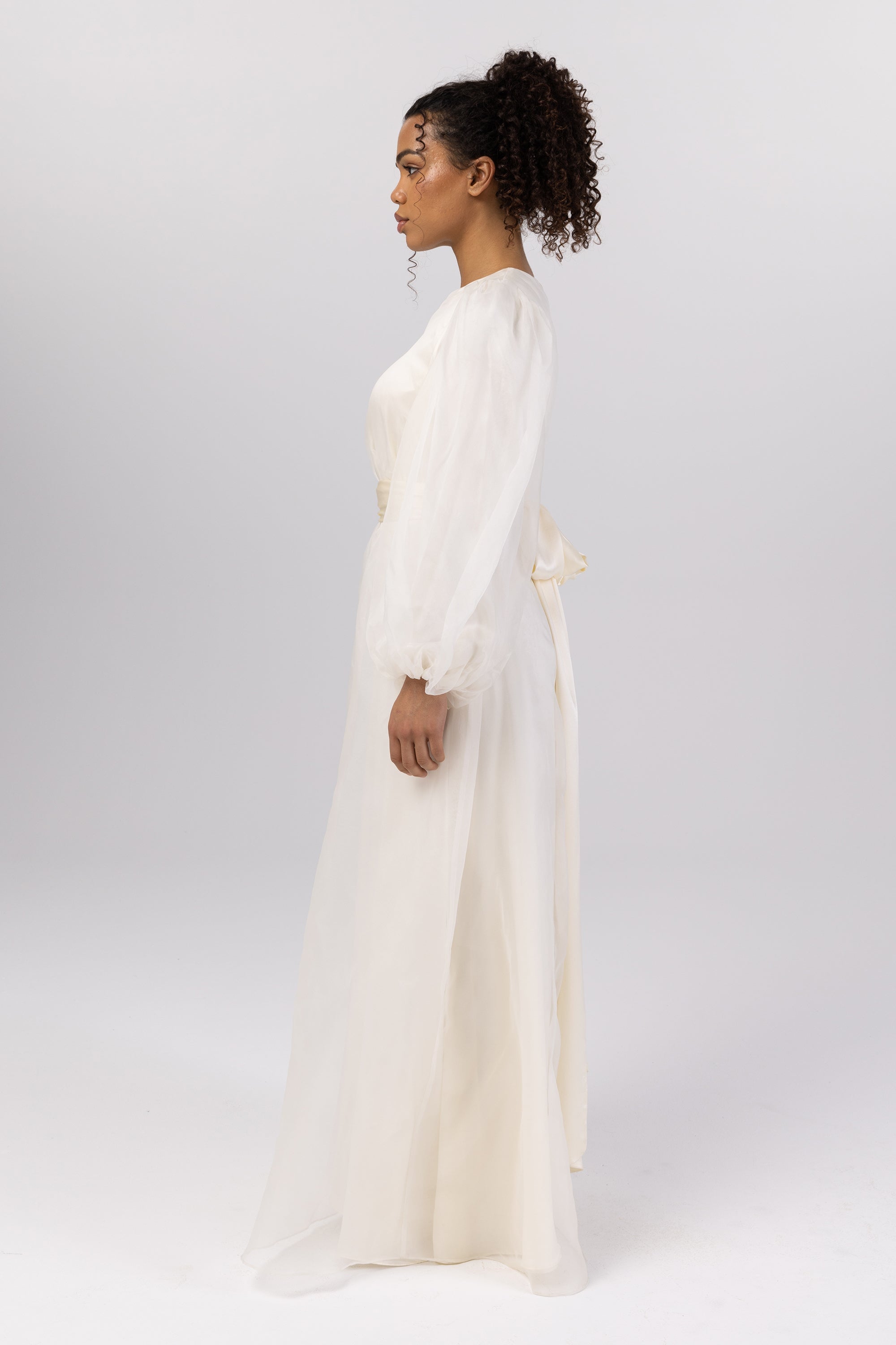 Silk Organza Balloon Sleeve A-Line Maxi Dress - Off White Veiled Collection 