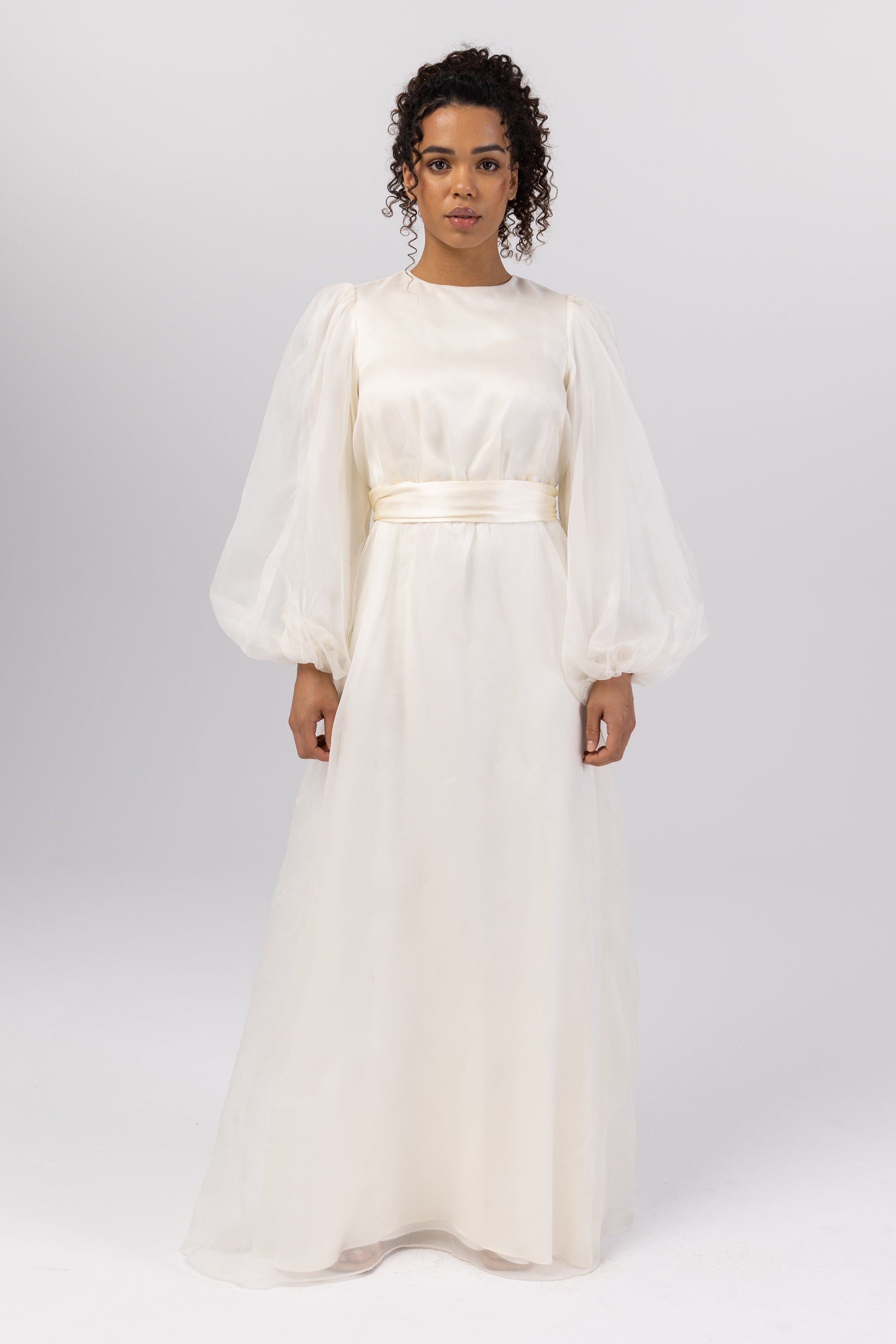 Silk Organza Balloon Sleeve A-Line Maxi Dress - Off White Veiled Collection 