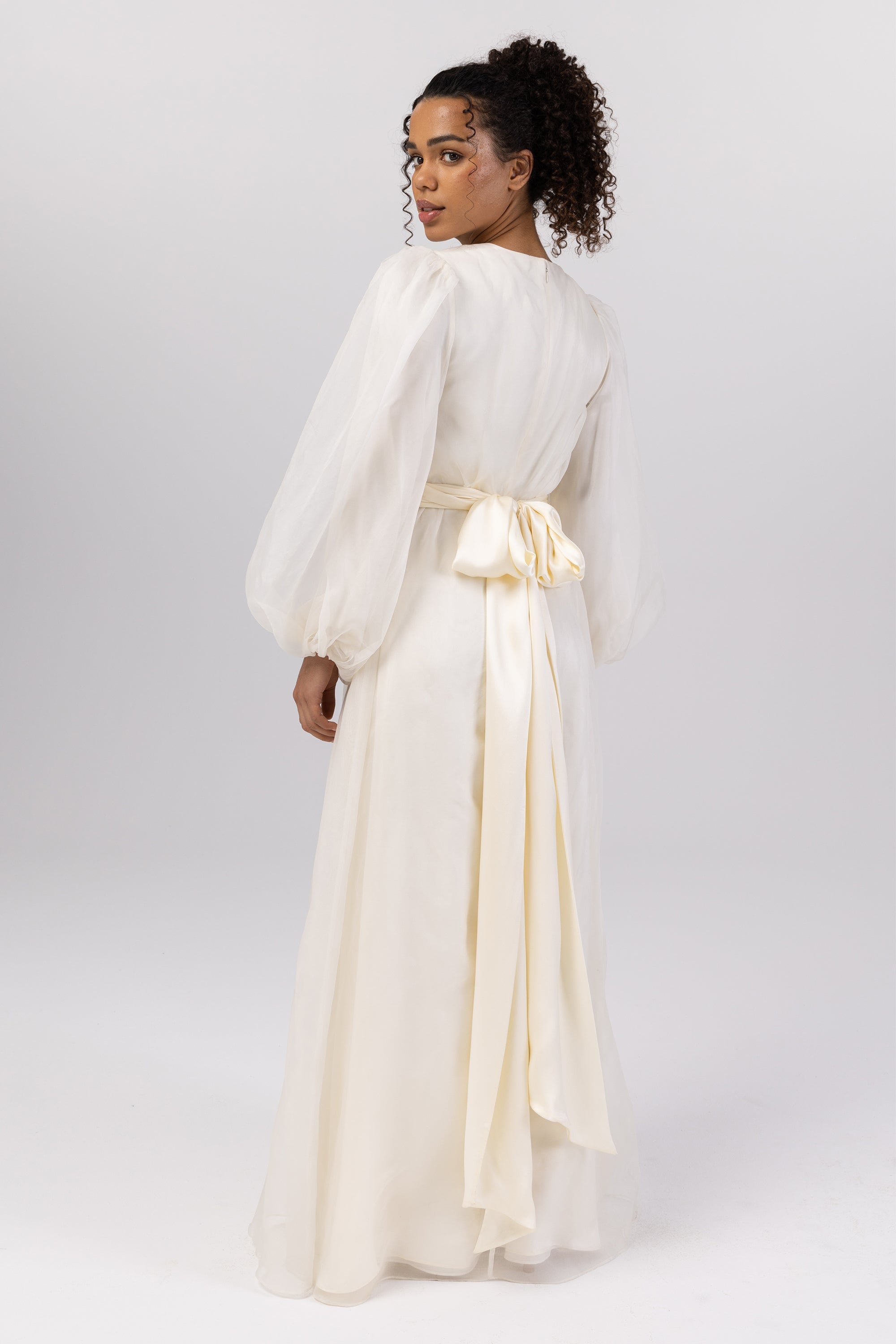 Silk Organza Balloon Sleeve A-Line Maxi Dress - Off White Veiled Collection 