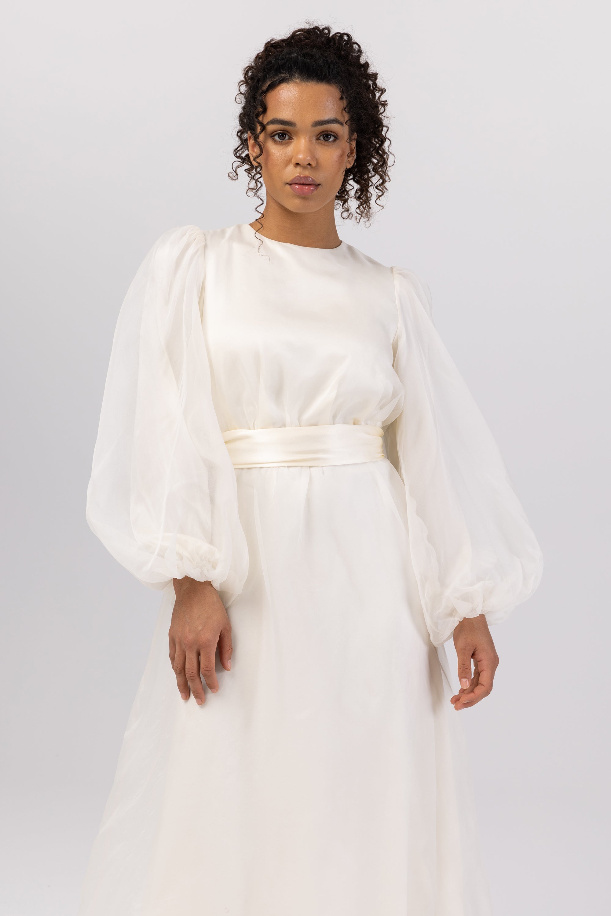 Silk Organza Balloon Sleeve A-Line Maxi Dress - Off White Veiled Collection 