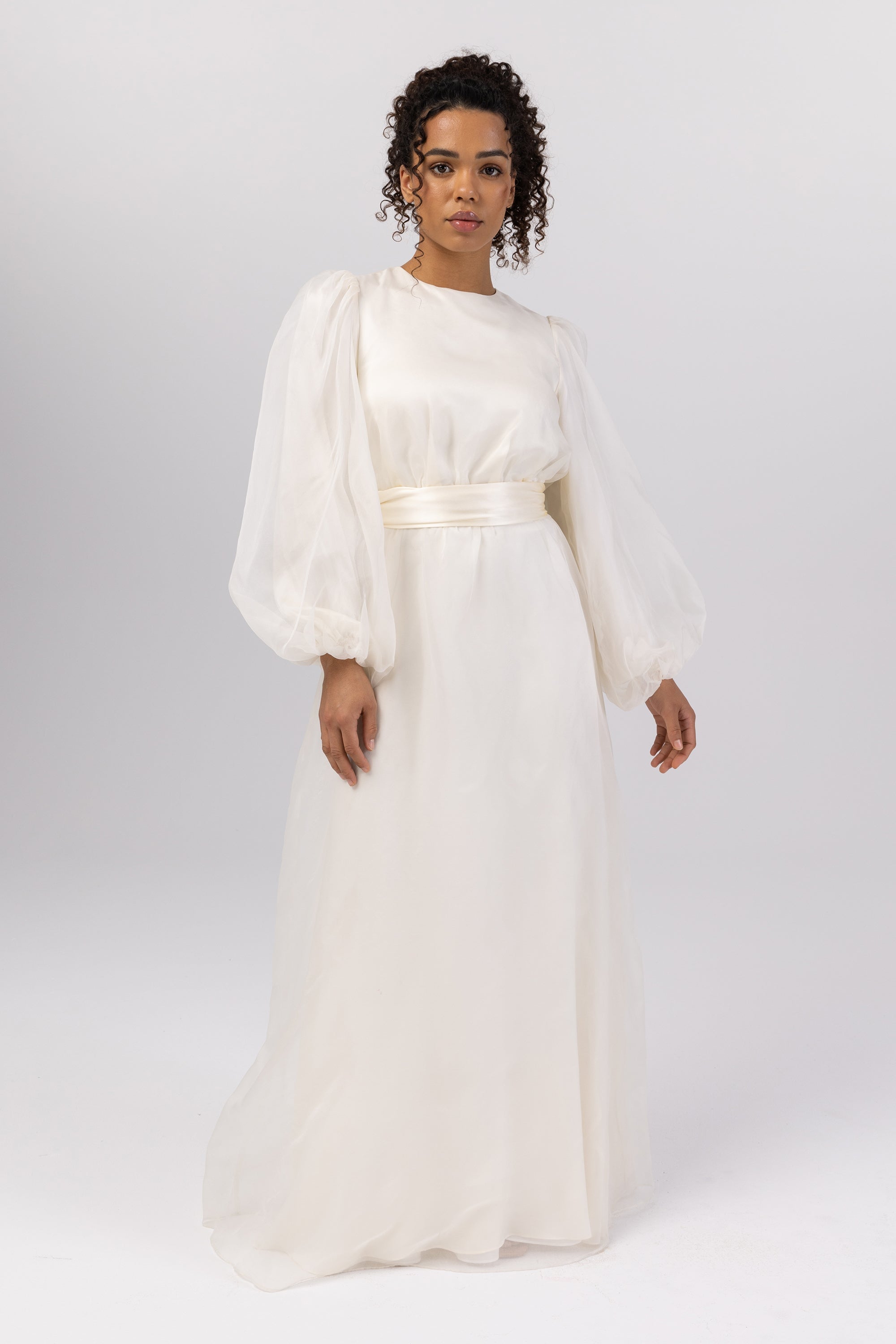 Silk Organza Balloon Sleeve A-Line Maxi Dress - Off White Veiled Collection 