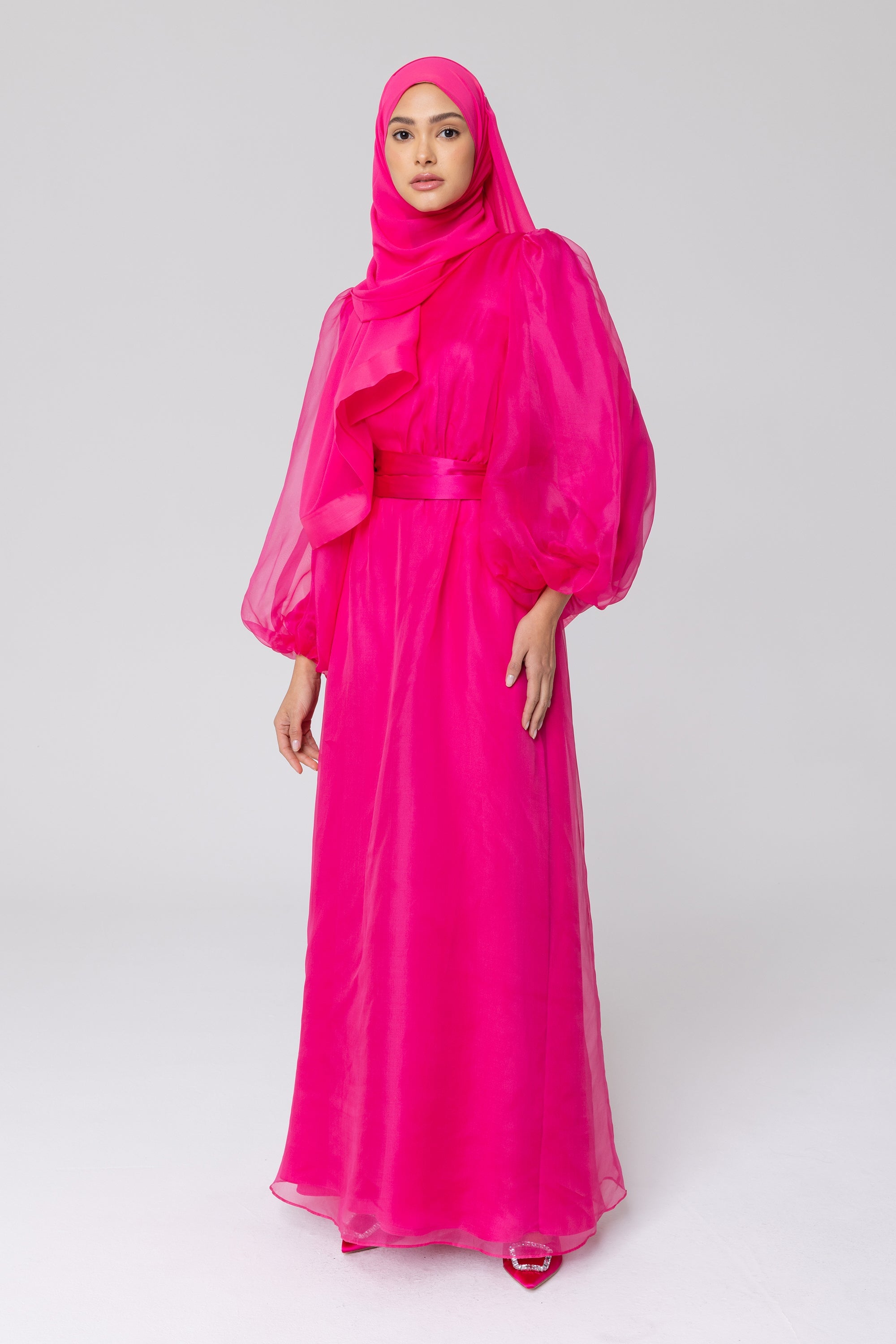 Silk Organza Balloon Sleeve A-Line Maxi Dress - Pink Veiled Collection 