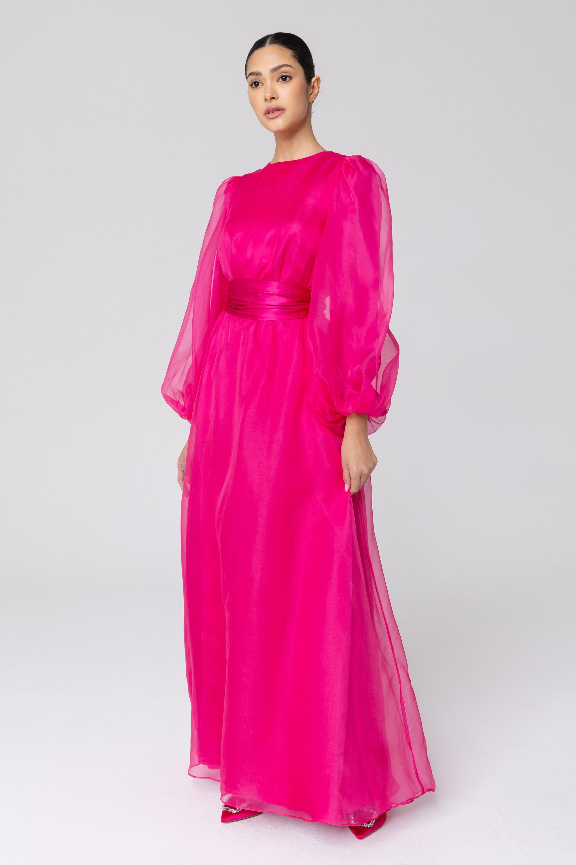 Silk Organza Balloon Sleeve A-Line Maxi Dress - Pink Veiled Collection 