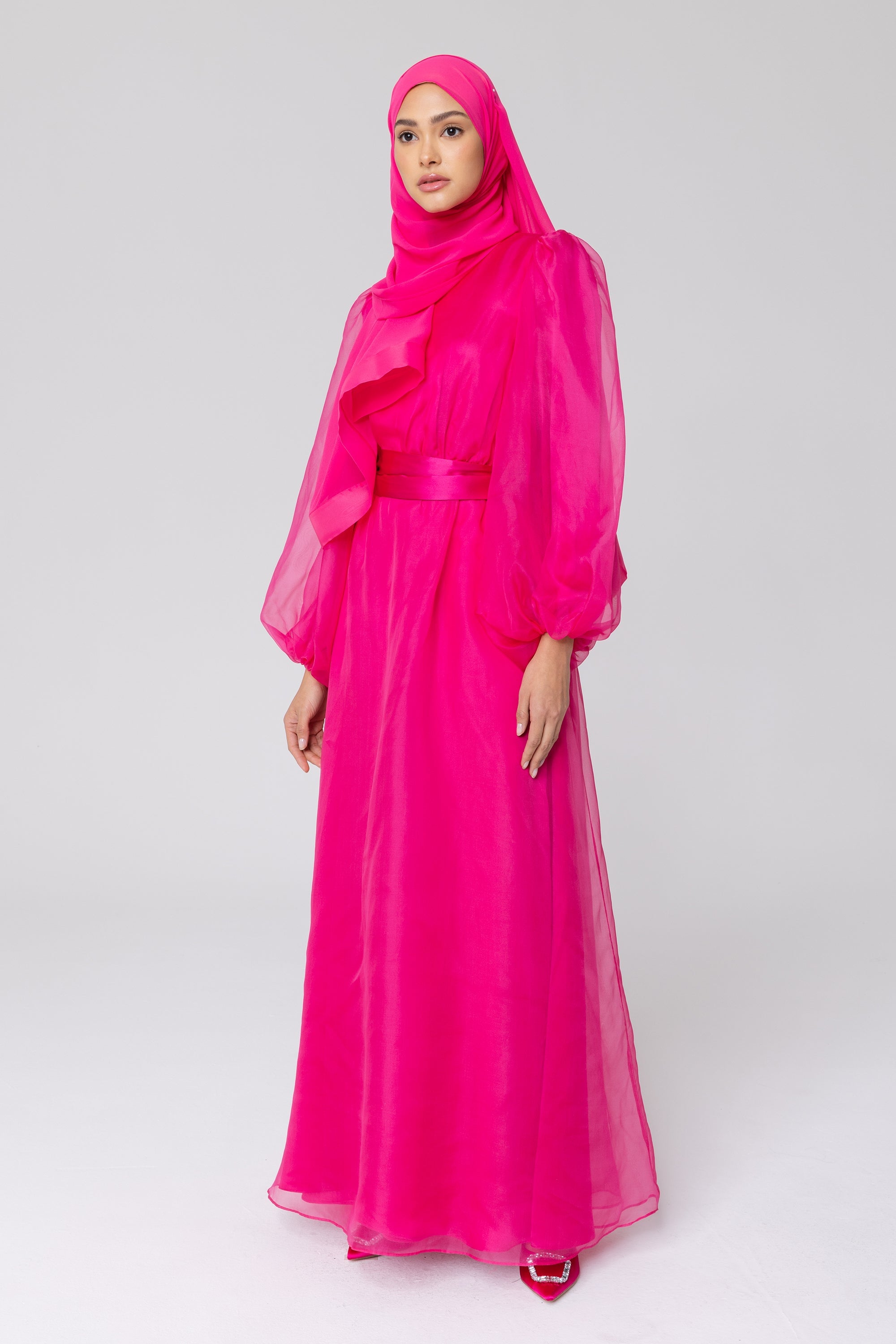 Silk Organza Balloon Sleeve A-Line Maxi Dress - Pink Veiled Collection 