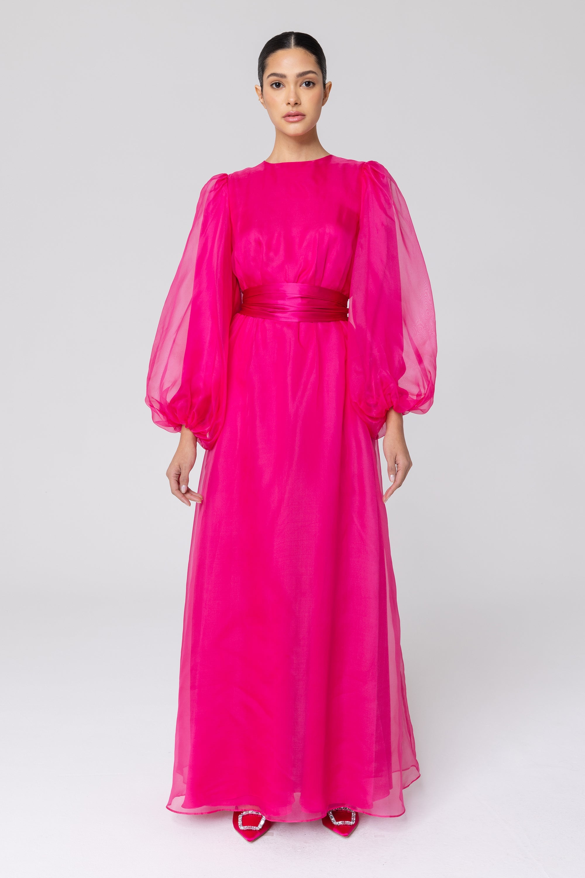 Silk Organza Balloon Sleeve A-Line Maxi Dress - Pink Veiled Collection 