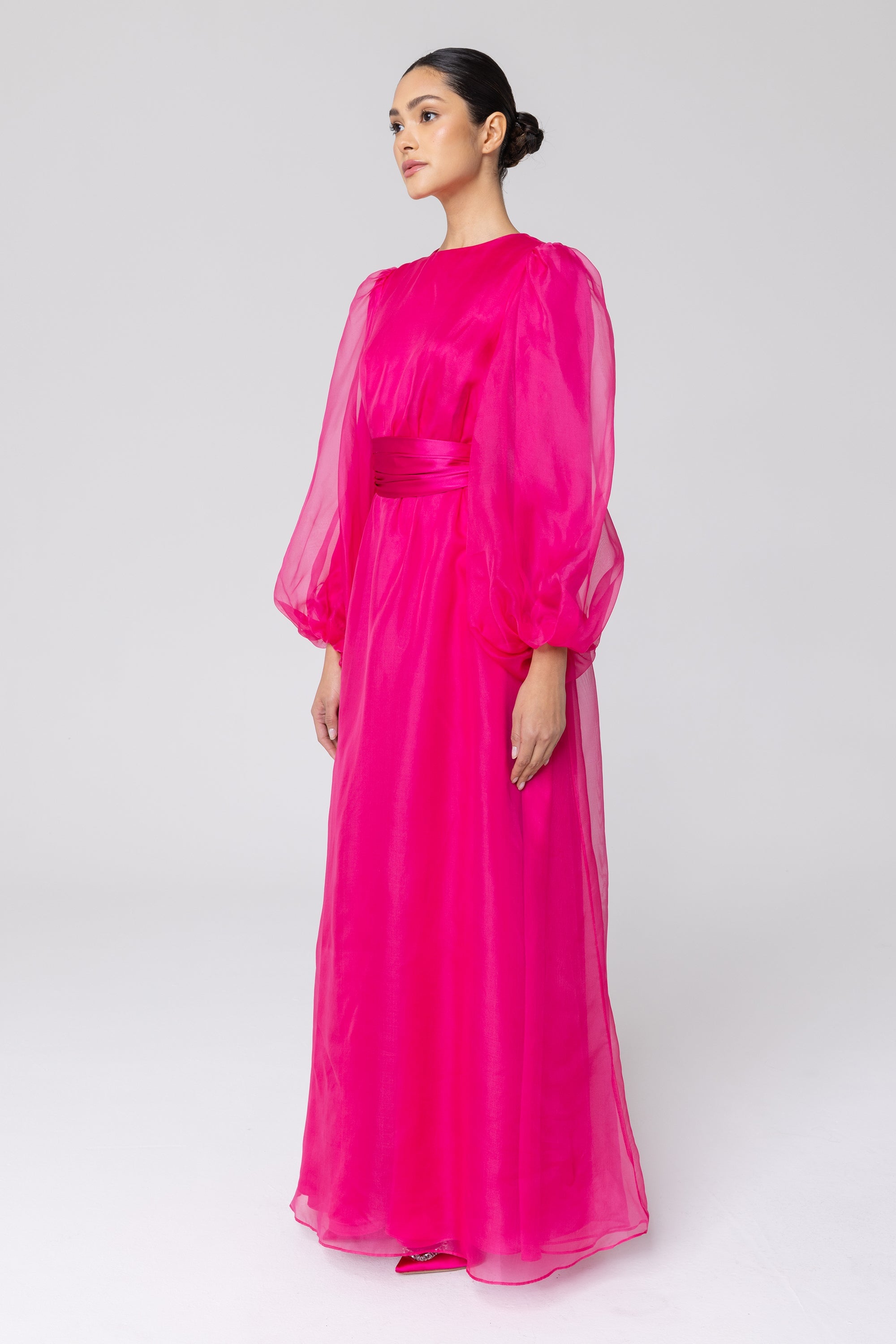 Silk Organza Balloon Sleeve A-Line Maxi Dress - Pink Veiled Collection 