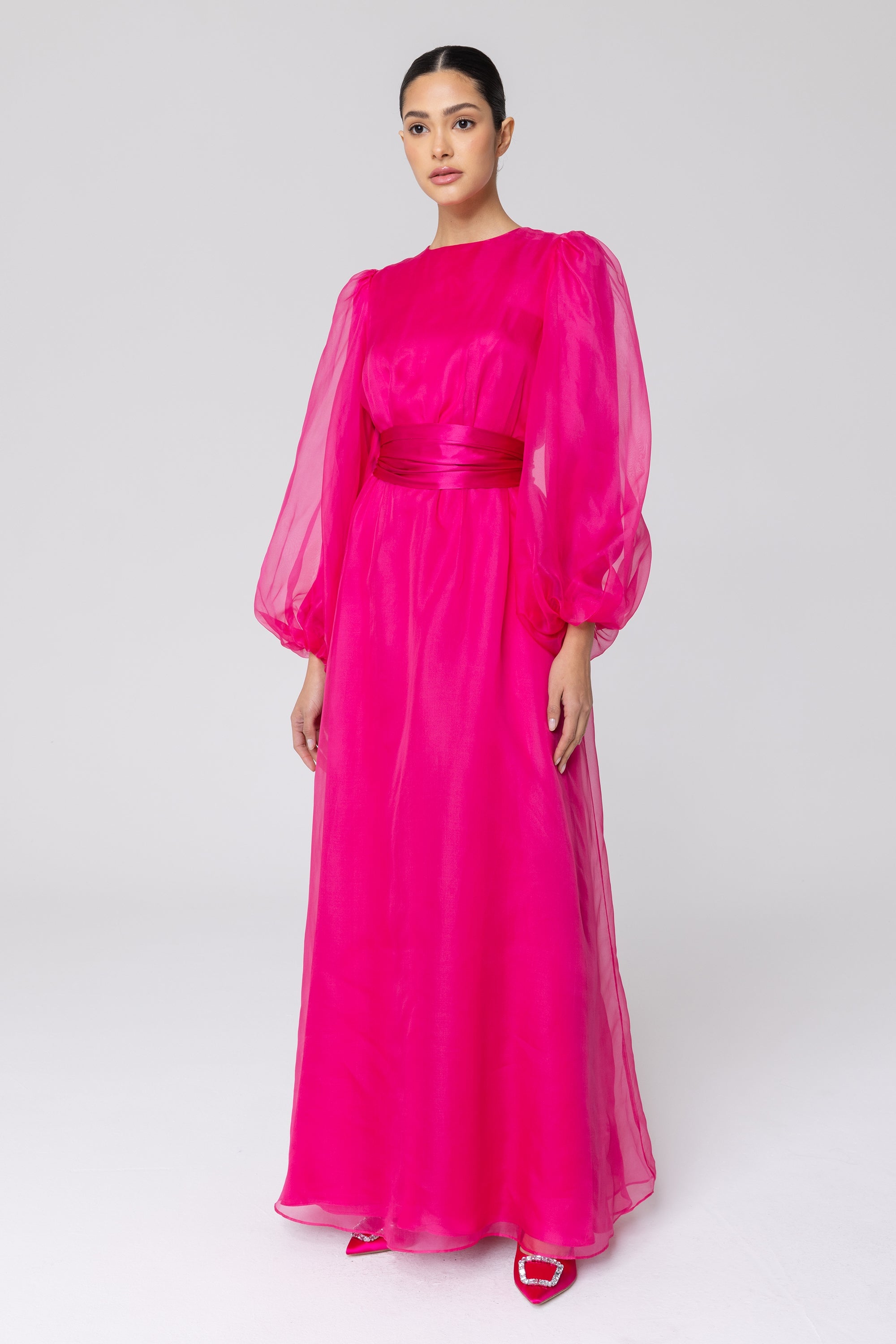 Silk Organza Balloon Sleeve A-Line Maxi Dress - Pink Veiled Collection 