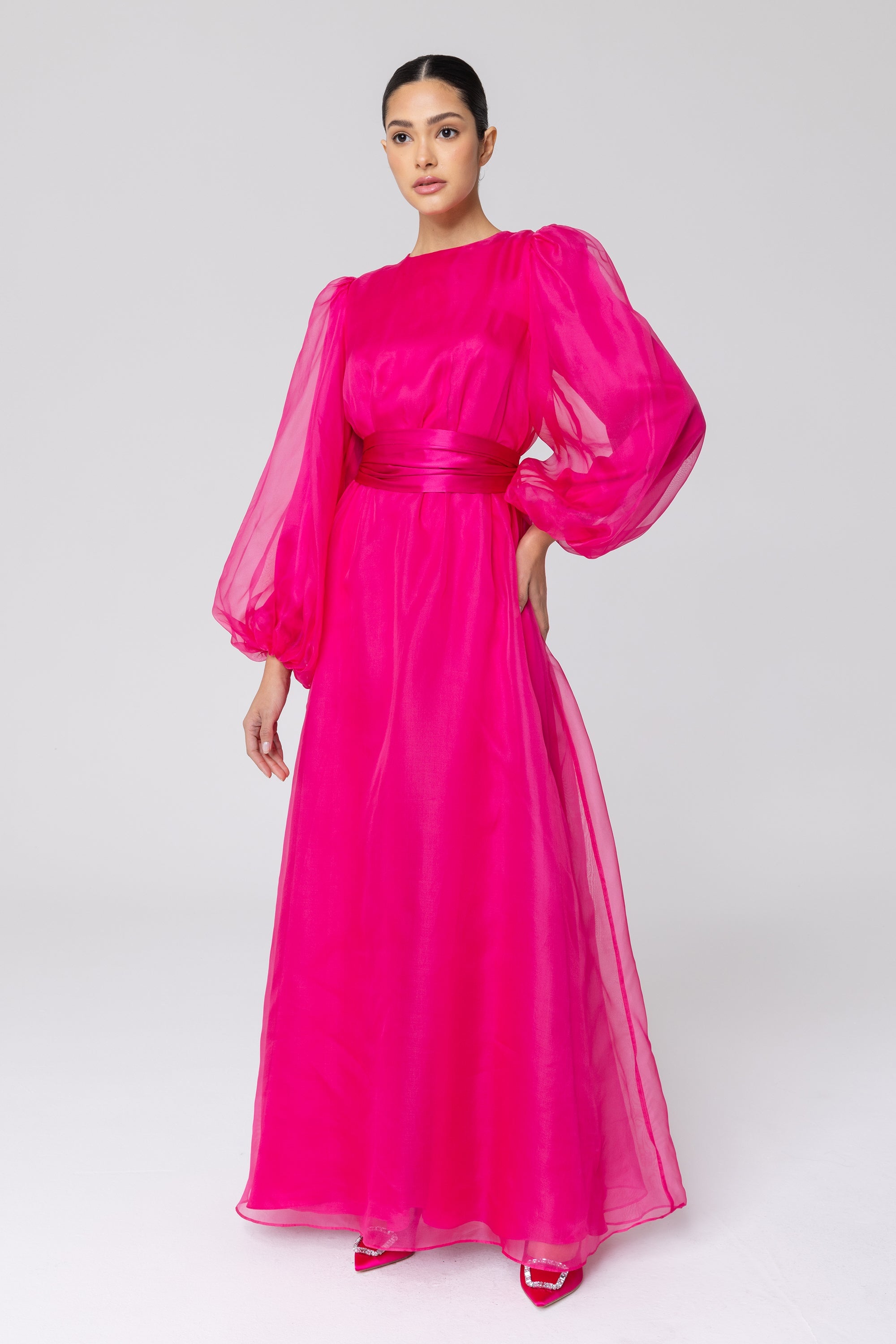 Silk Organza Balloon Sleeve A-Line Maxi Dress - Pink Veiled Collection 