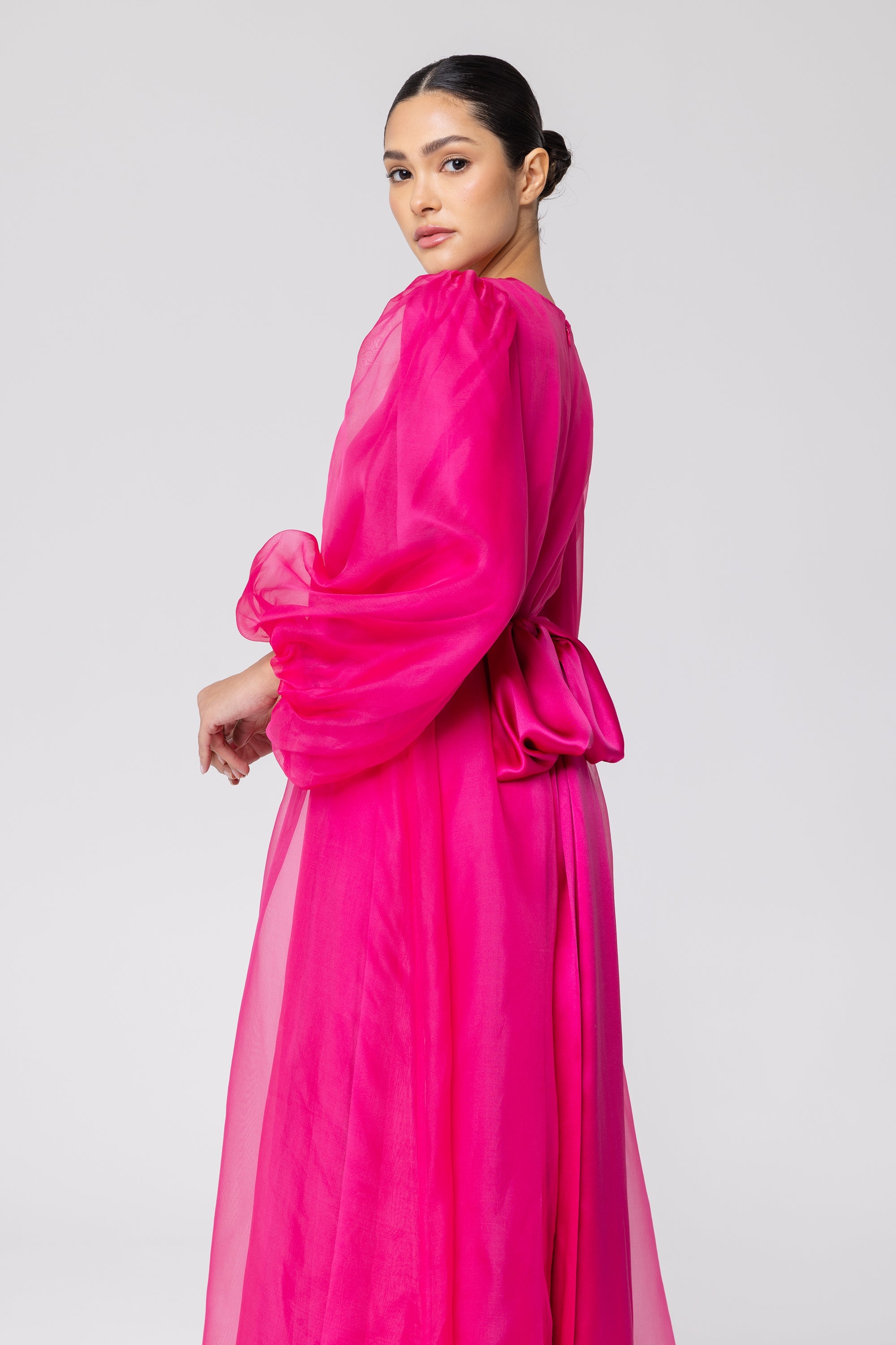 Silk Organza Balloon Sleeve A-Line Maxi Dress - Pink Veiled Collection 