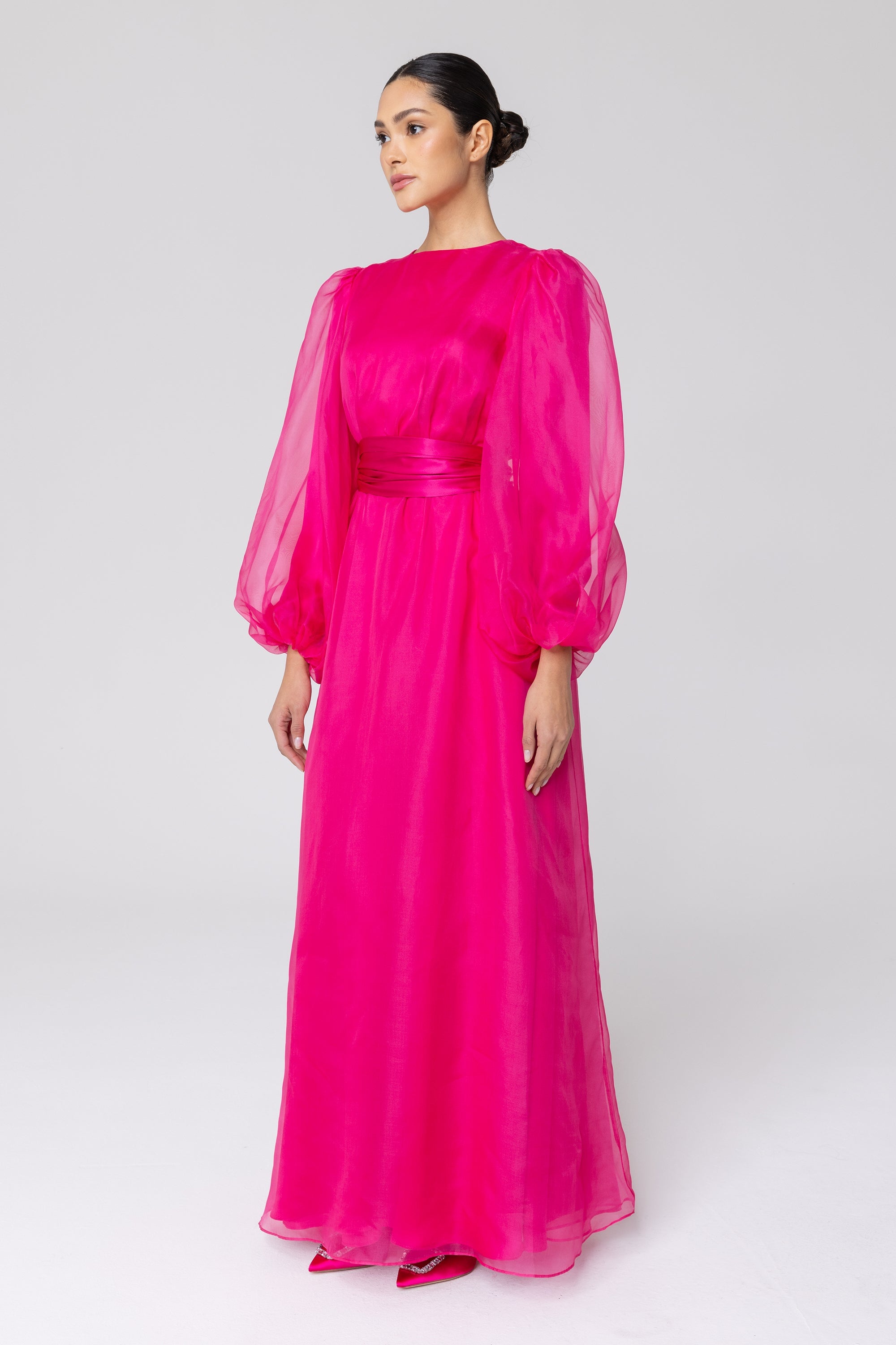 Silk Organza Balloon Sleeve A-Line Maxi Dress - Pink Veiled Collection 