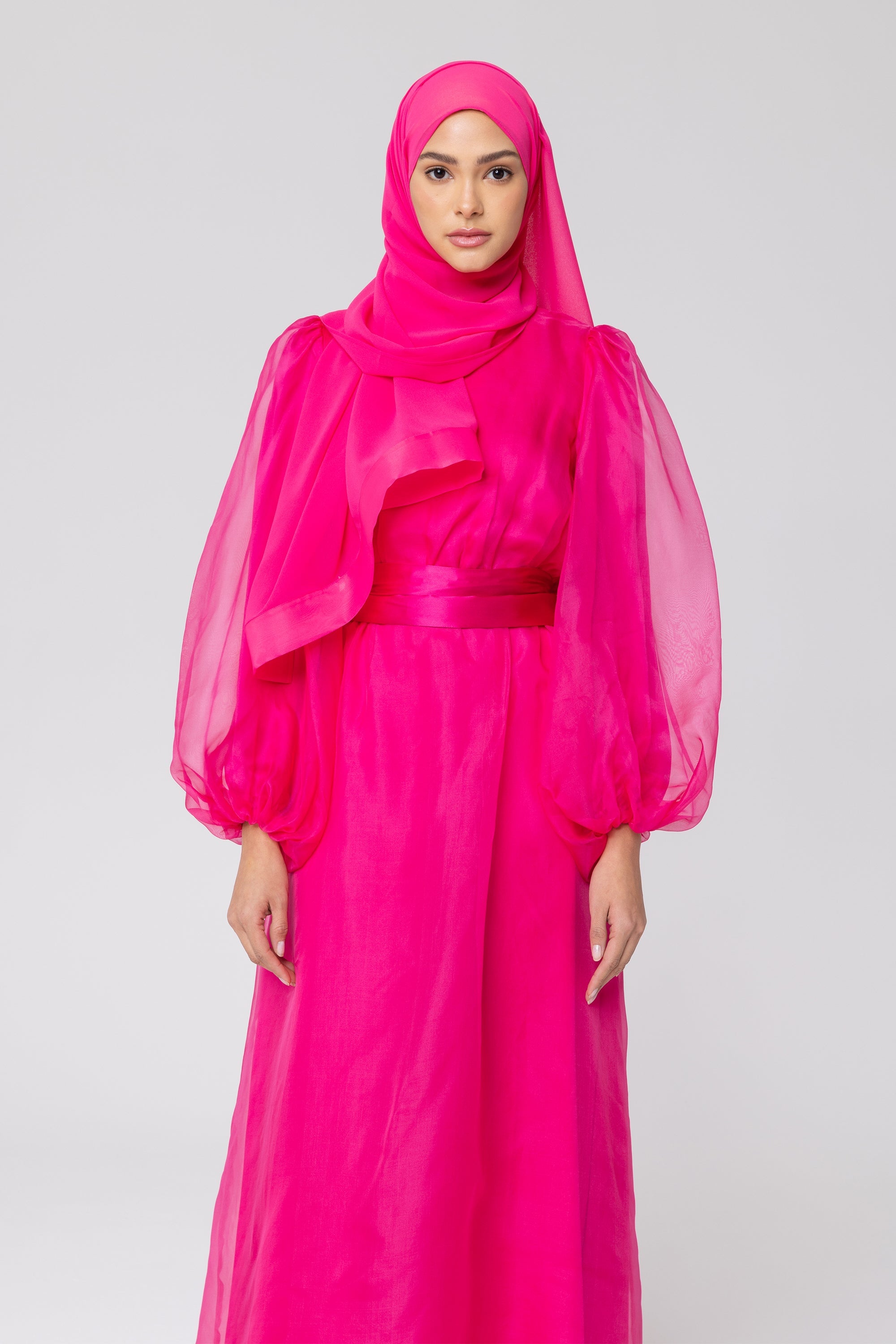 Silk Organza Balloon Sleeve A-Line Maxi Dress - Pink Veiled Collection 