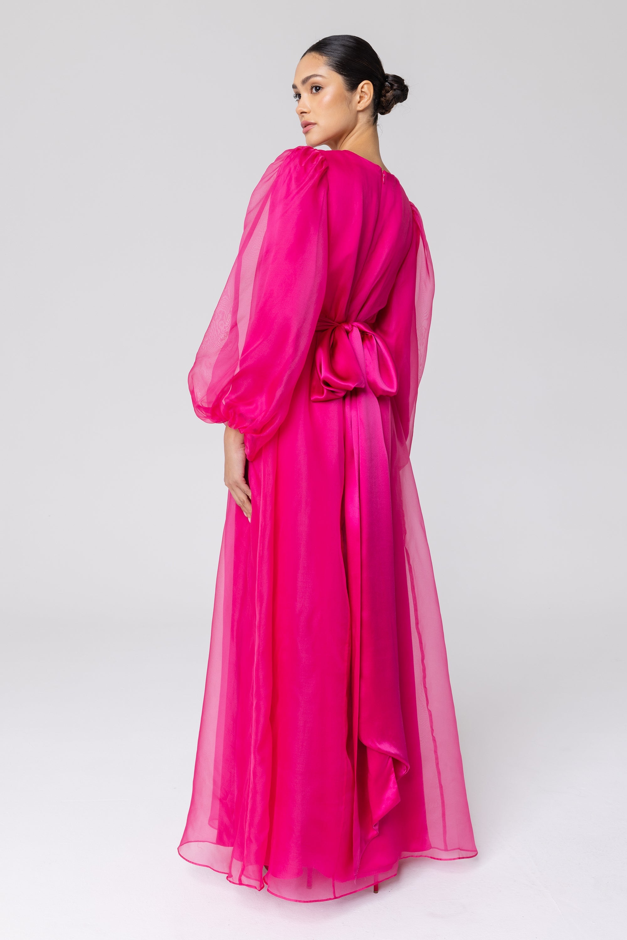 Silk Organza Balloon Sleeve A-Line Maxi Dress - Pink Veiled Collection 