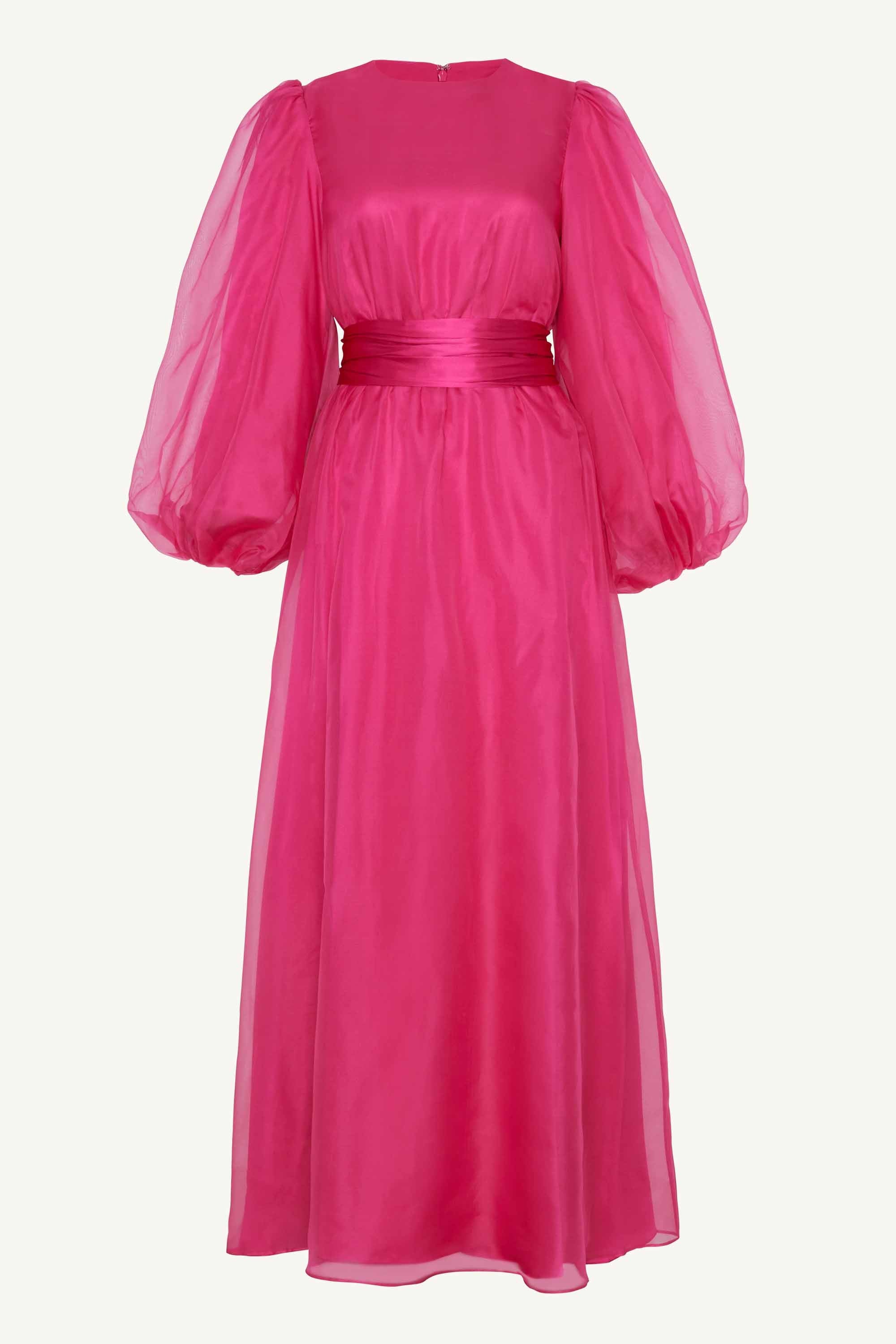 Silk Organza Balloon Sleeve A-Line Maxi Dress - Pink Clothing Veiled 