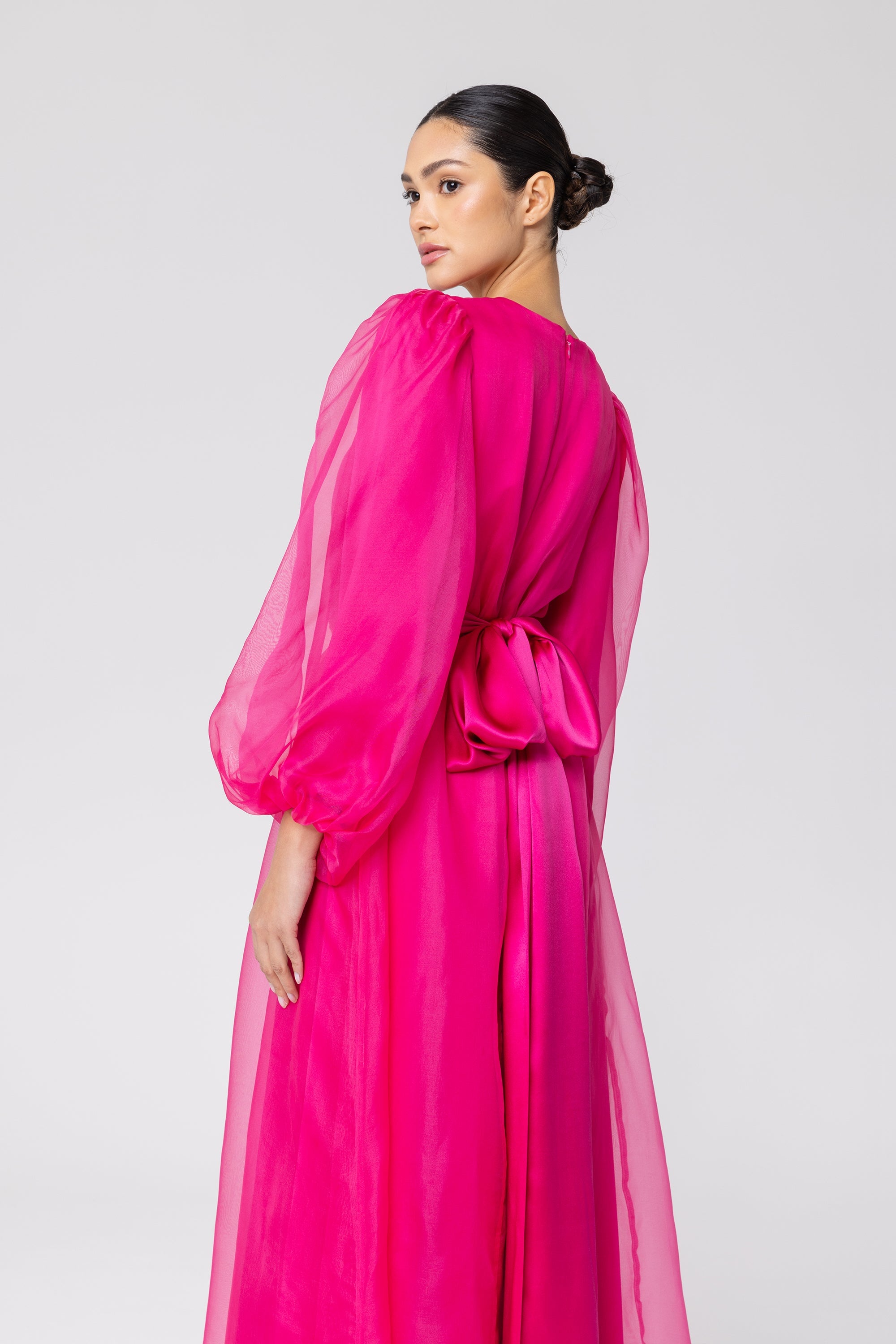 Silk Organza Balloon Sleeve A-Line Maxi Dress - Pink Veiled Collection 