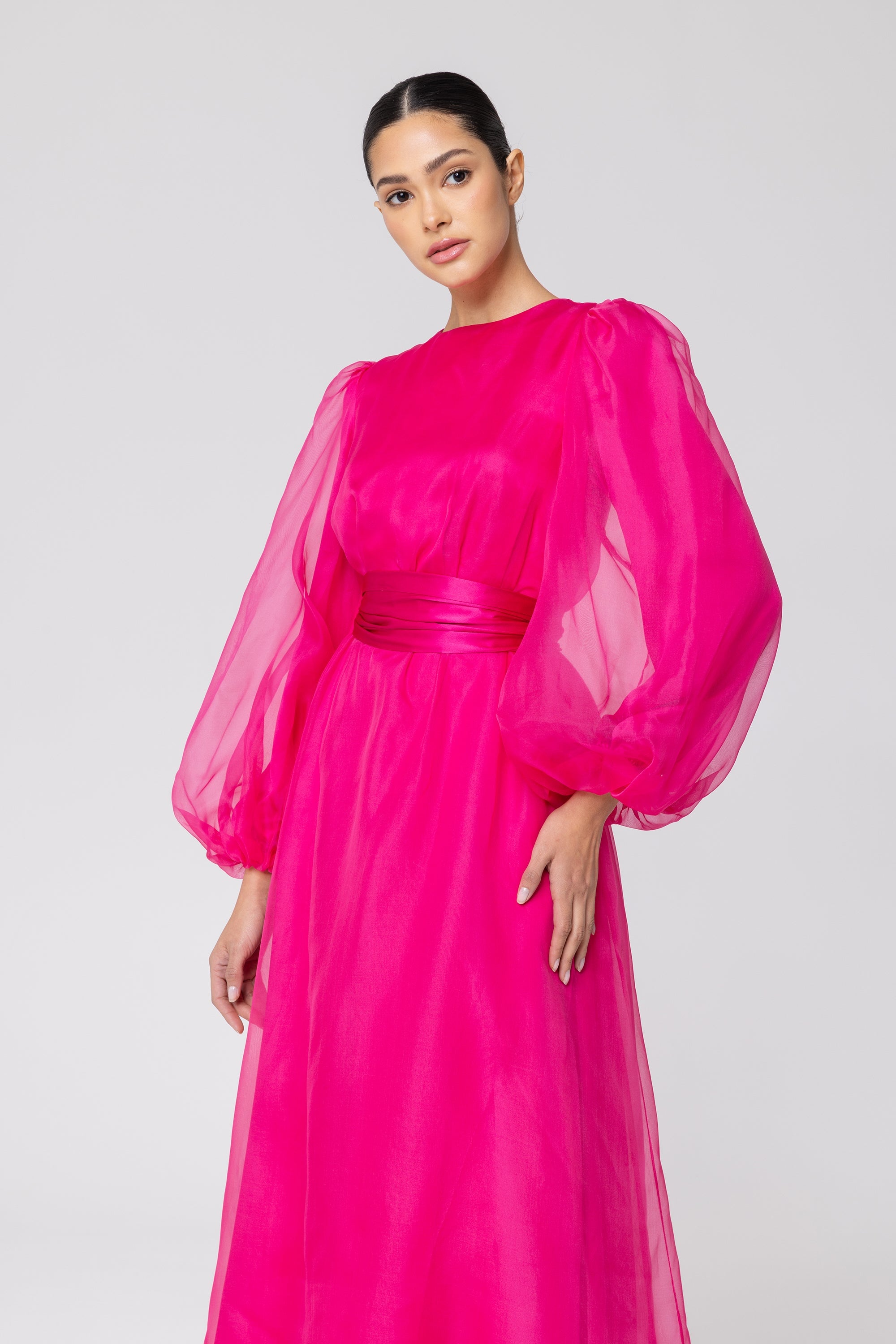 Silk Organza Balloon Sleeve A-Line Maxi Dress - Pink Veiled Collection 