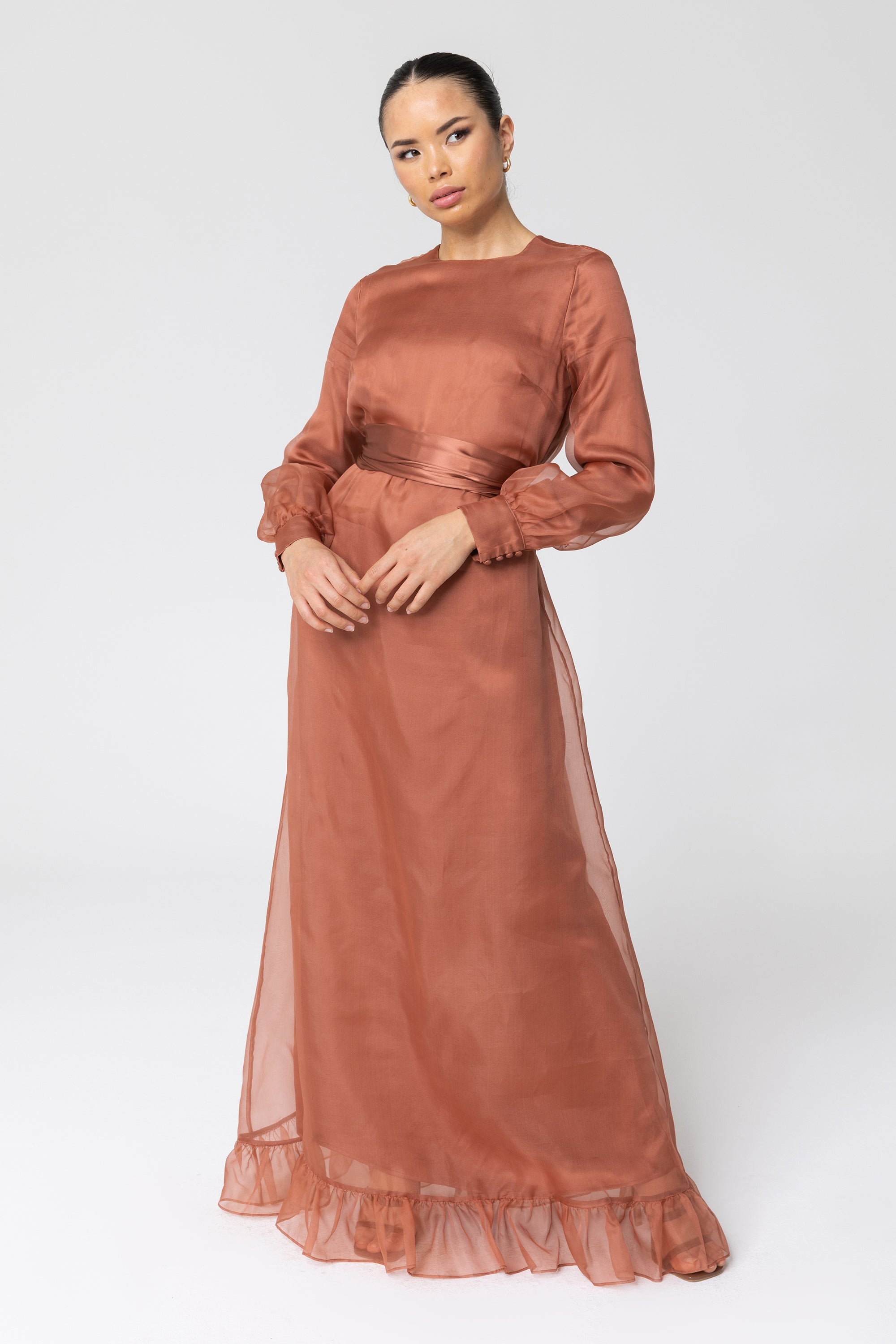 Silk Organza Ruffle Trim Maxi Dress - Cedar Wood Veiled Collection 