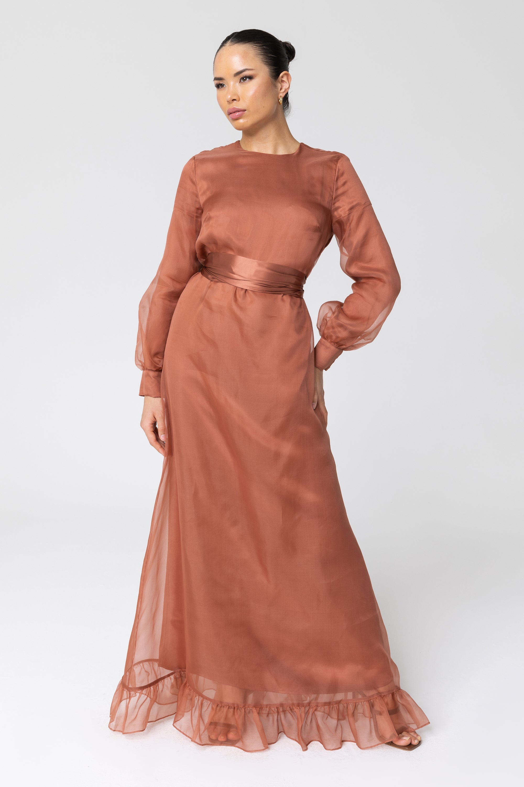 Silk Organza Ruffle Trim Maxi Dress - Cedar Wood Veiled Collection 