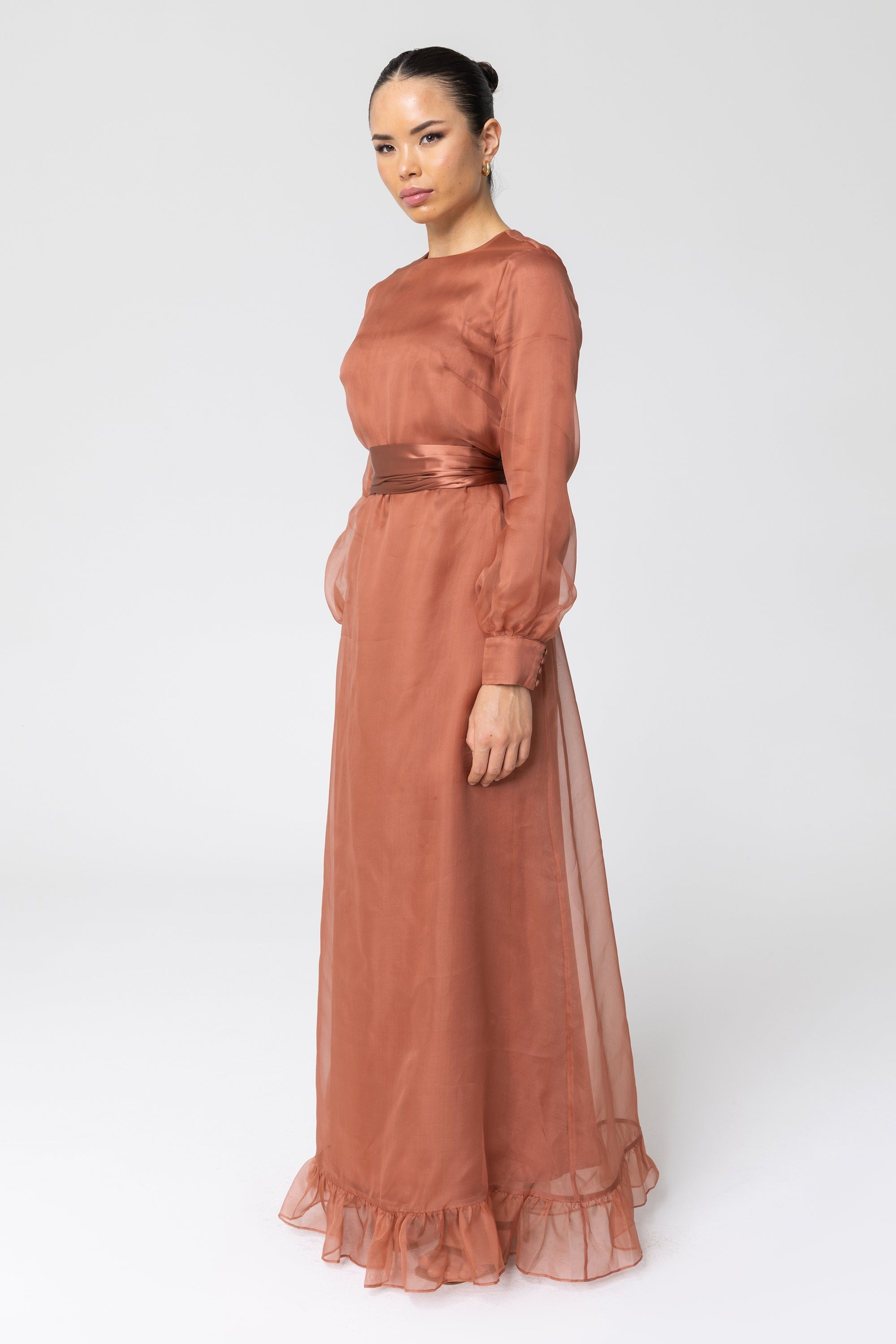 Silk Organza Ruffle Trim Maxi Dress - Cedar Wood Veiled Collection 