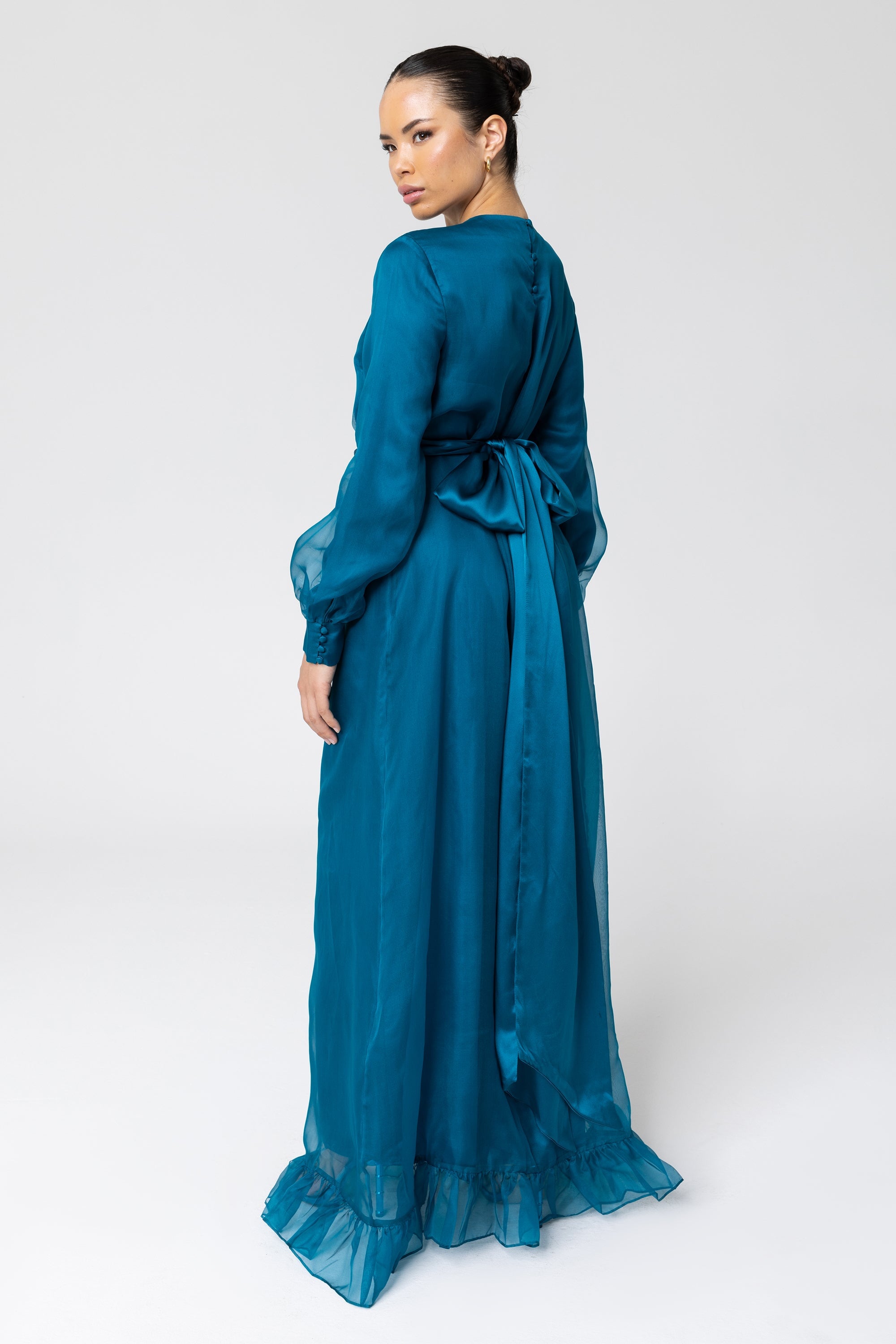 Silk Organza Ruffle Trim Maxi Dress - Deep Lagoon Veiled Collection 