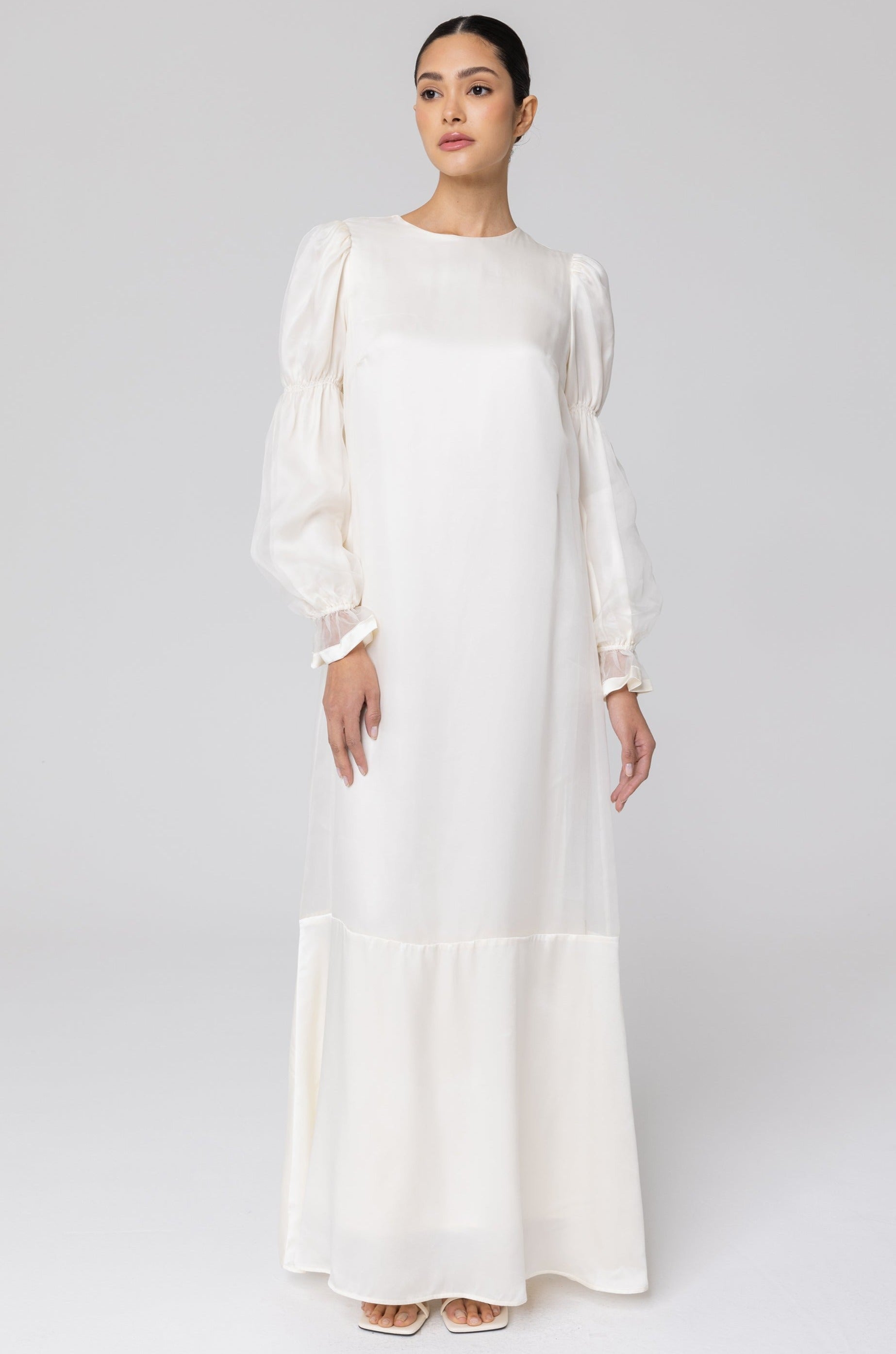 Silk Organza Satin Trim Maxi Dress - Off White Veiled Collection 