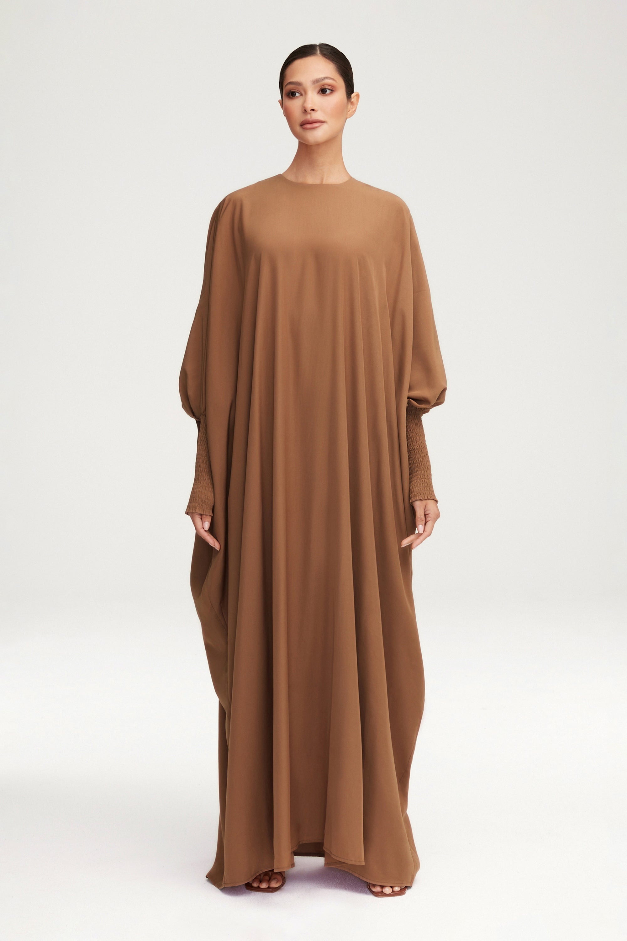 Suha Smocked Sleeve Kaftan - Dark Chai Clothing Veiled 