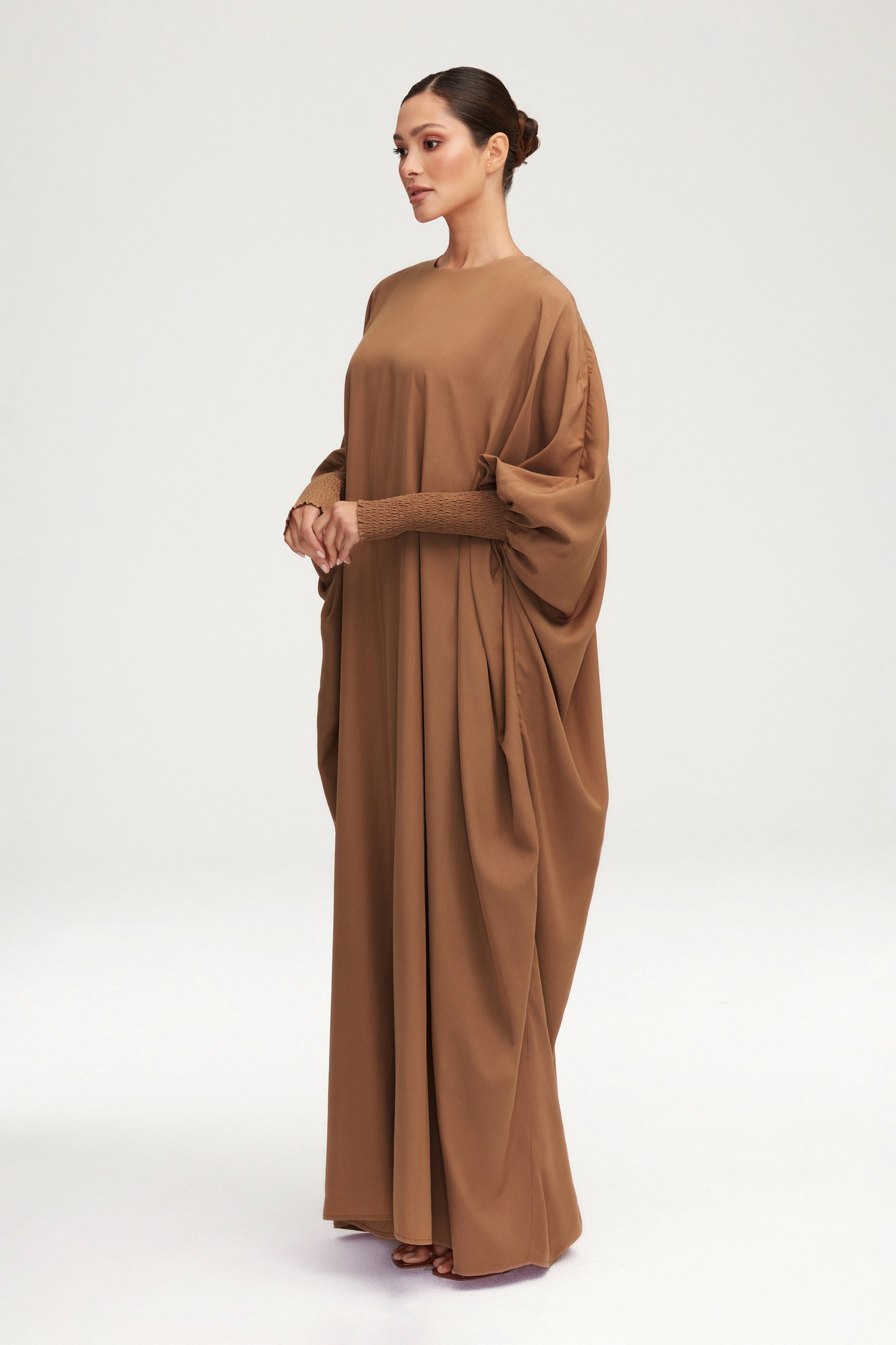 Suha Smocked Sleeve Kaftan - Dark Chai Clothing Veiled 